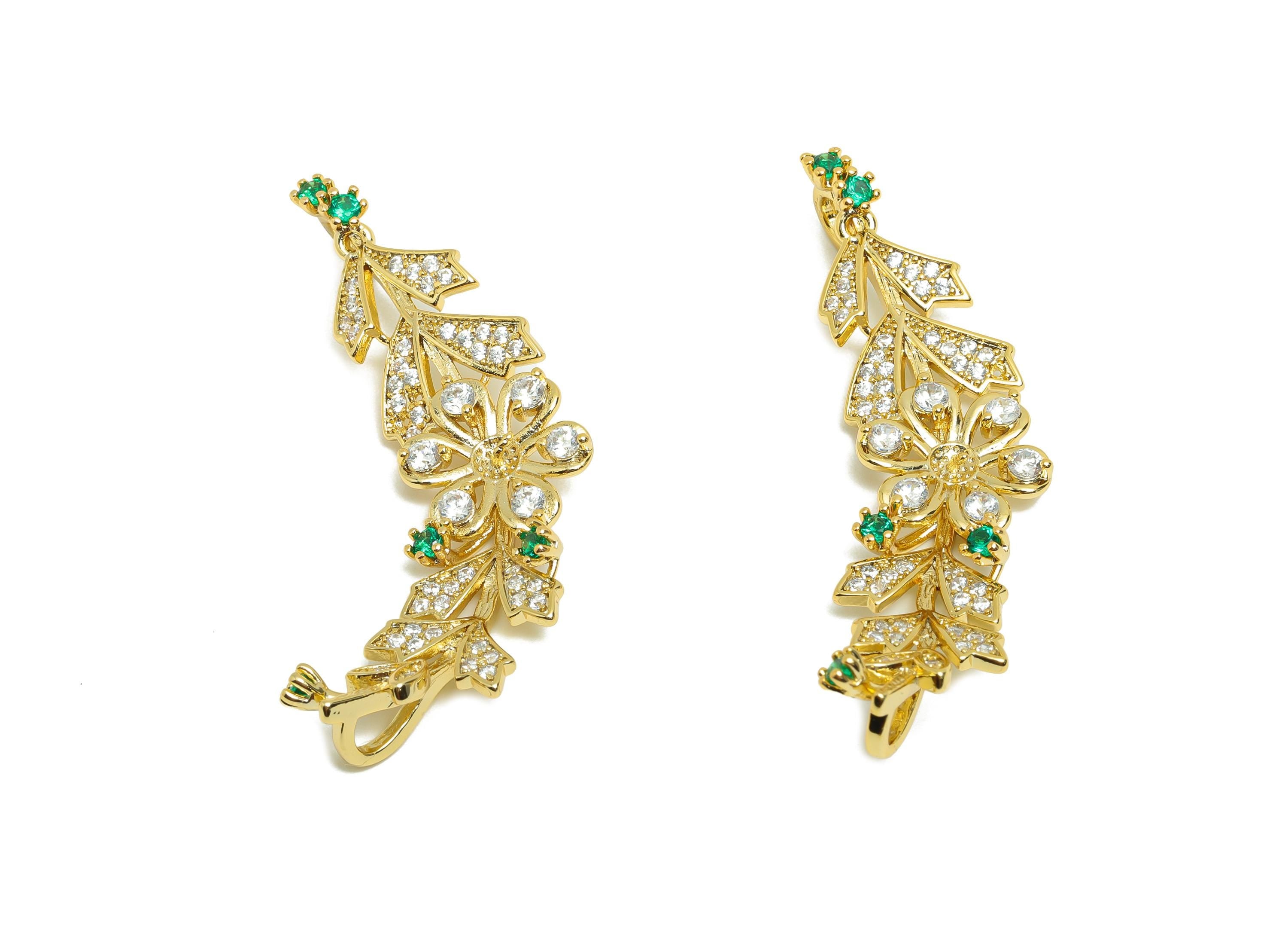 Brass Branch Connector - Gold Zircon Flower Charm for Necklace - CZ Brooch Party Connector - 18K Real Gold Plating- 44.8x20.4x8.4mm- RGP8567 - DOMEDBAZAAR