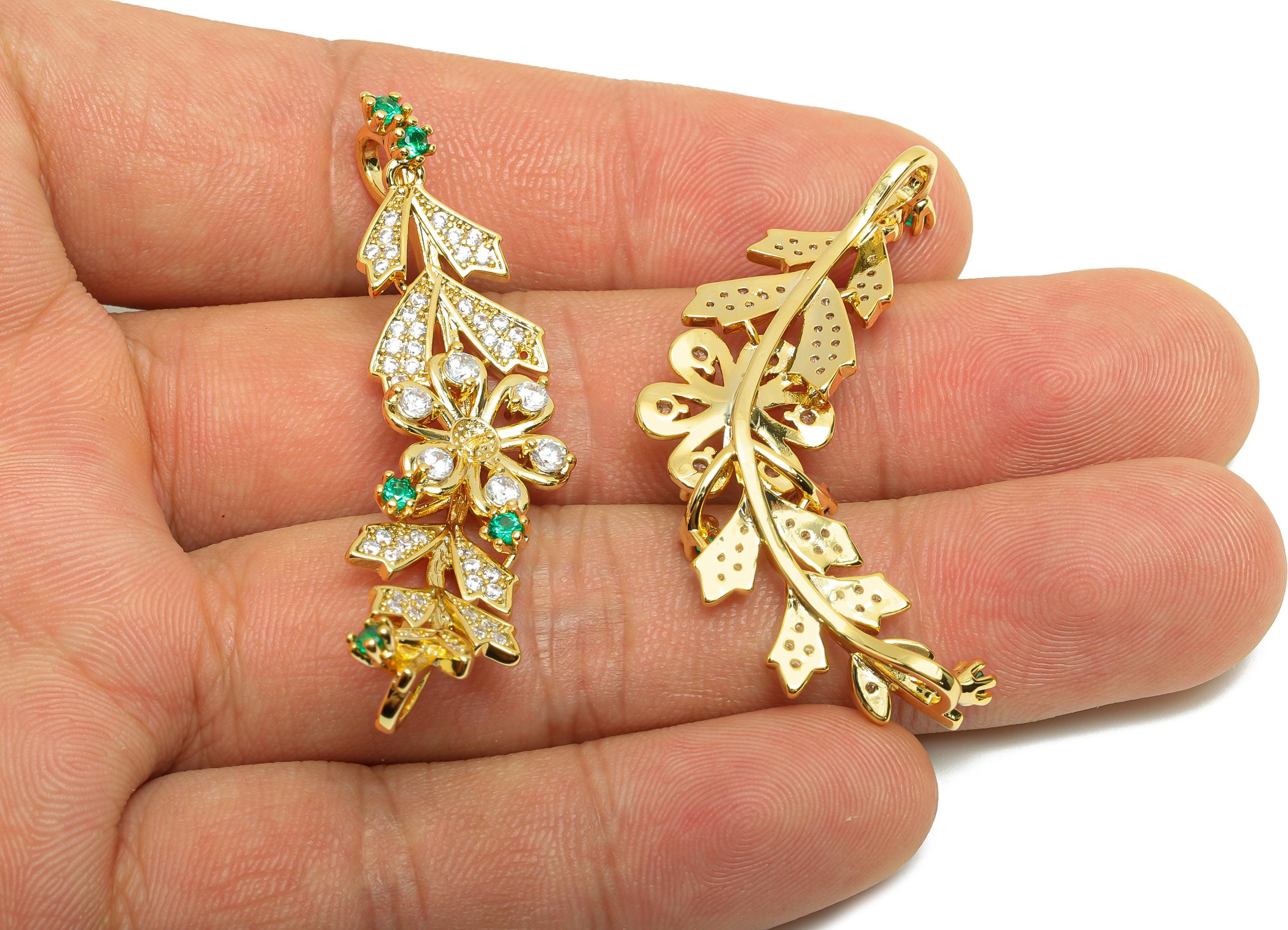 Brass Branch Connector - Gold Zircon Flower Charm for Necklace - CZ Brooch Party Connector - 18K Real Gold Plating- 44.8x20.4x8.4mm- RGP8567 - DOMEDBAZAAR