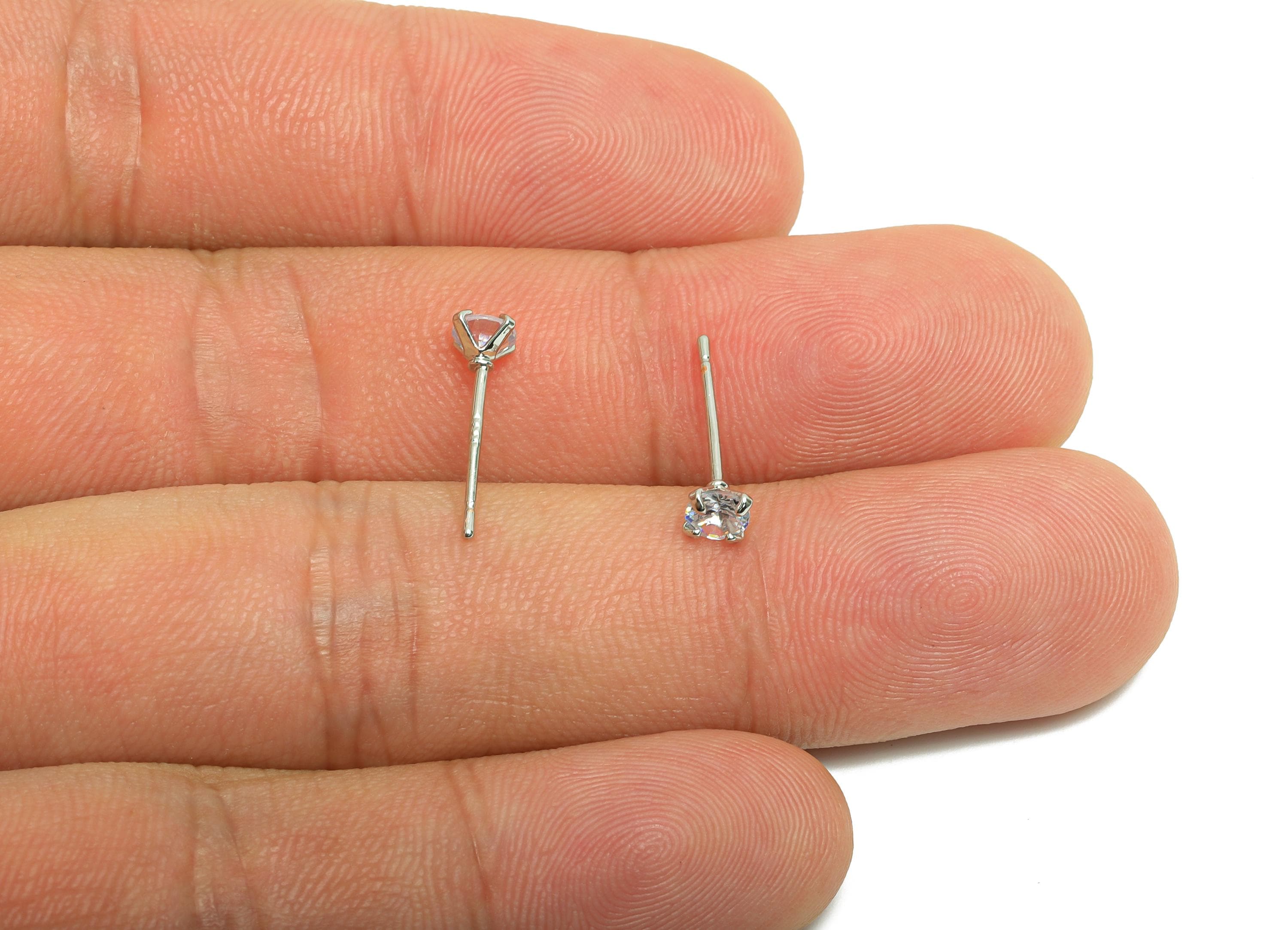 Brass Mini Zircon Earring - 4mm Tiny Earring Post for Girls - White Daily Wear Stud Earring - 18K Real Gold Plating -14.6x4x2.9mm -RGP8571-4 - DOMEDBAZAAR