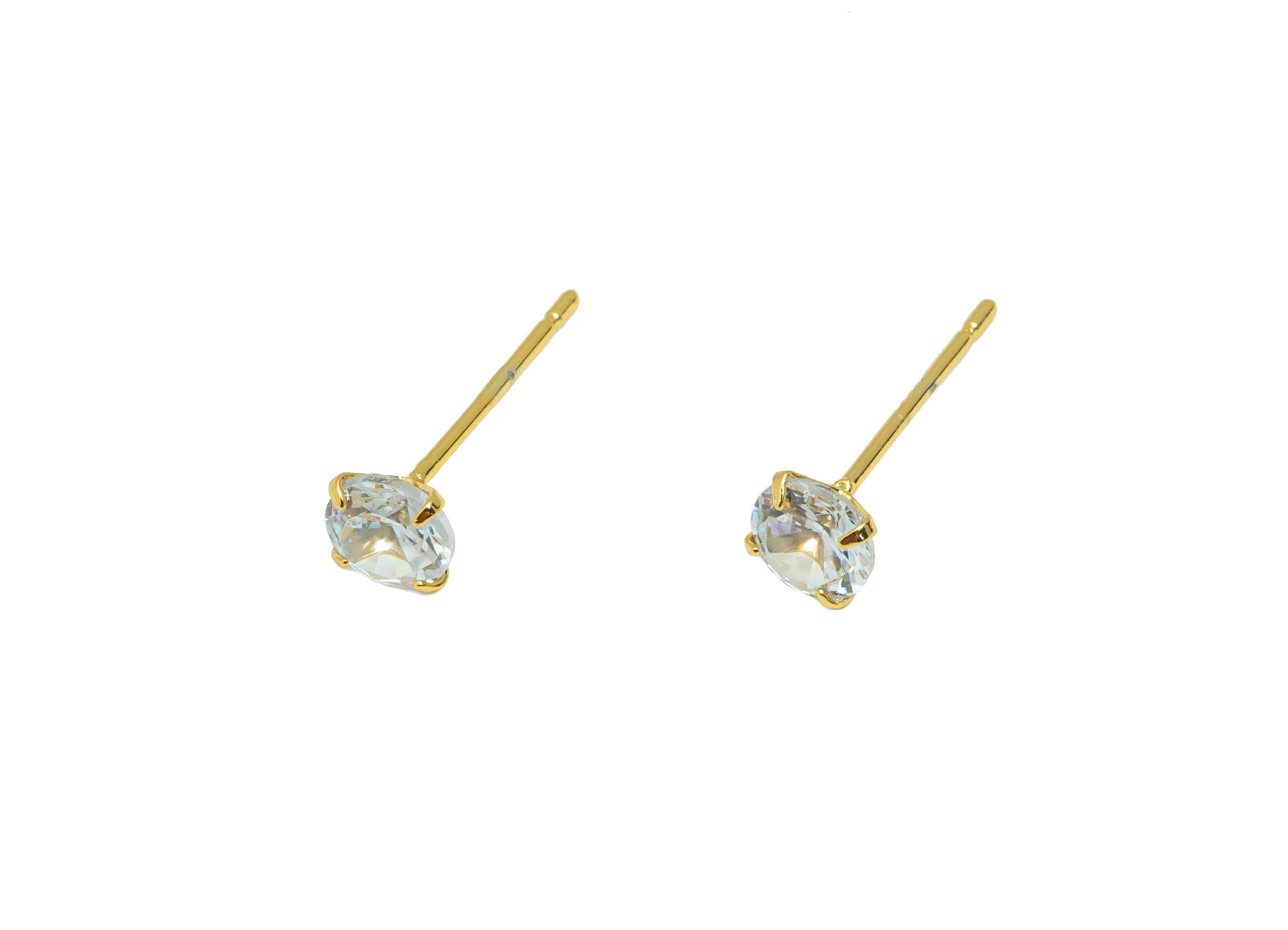 Brass Cut Diamond Earring - Gold Tiny Minimalist Ear Post with 5mm Zircon - Prong Setting Ear - 18K Real Gold Plated-15.2x5x3.4mm- RGP8939-5 - DOMEDBAZAAR