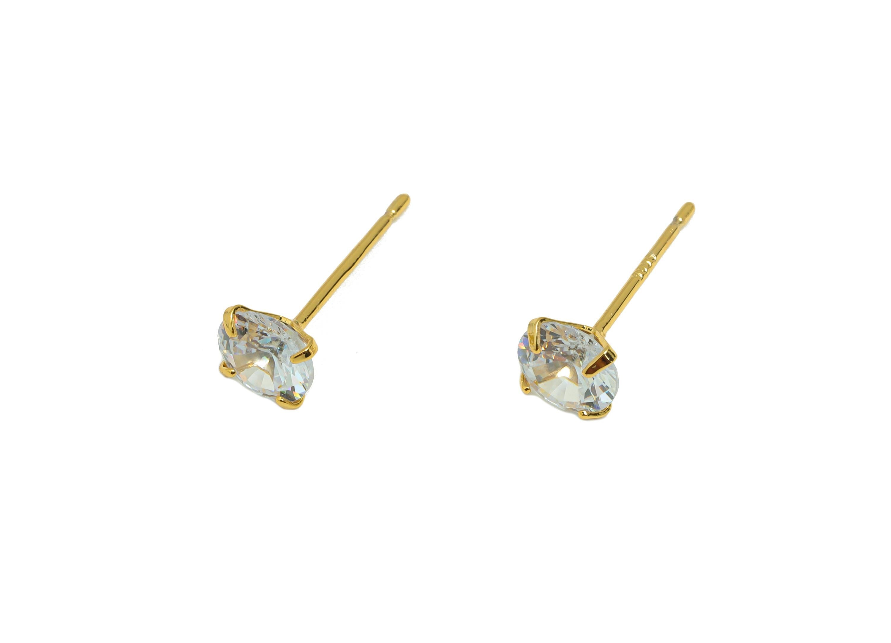 Brass Cut Diamond Earring - Gold Minimalist Ear Post with 6mm Zircon - Prong Setting Earring - 18K Real Gold Plated - 16x6x3.5mm- RGP8939-6 - DOMEDBAZAAR