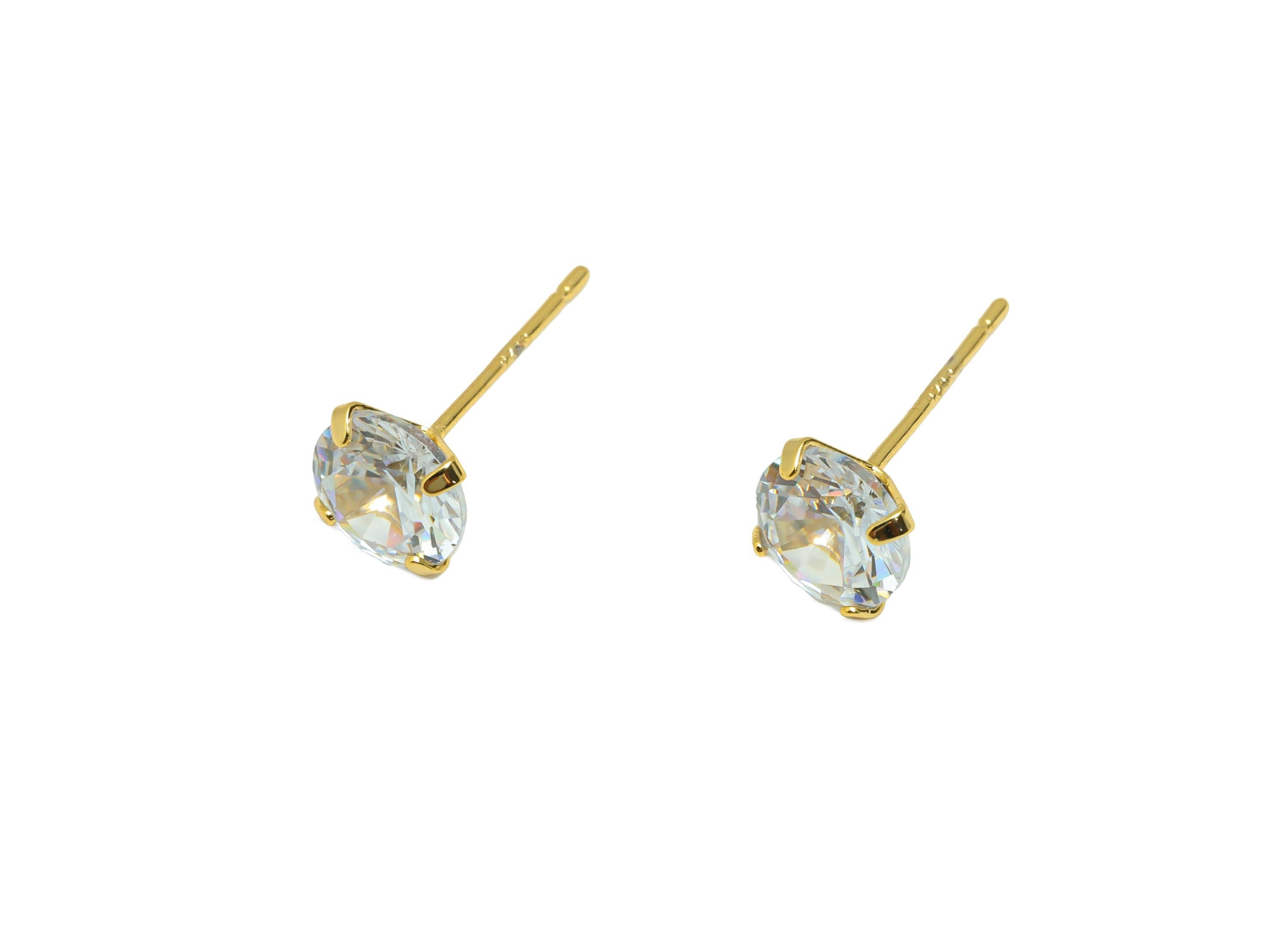 Brass Cut Diamond Earring - Gold Minimalist Ear Post with 7mm Zircon - Prong Setting Earring - 18K Real Gold Plated-16.4x7x4.8mm- RGP8939-7 - DOMEDBAZAAR