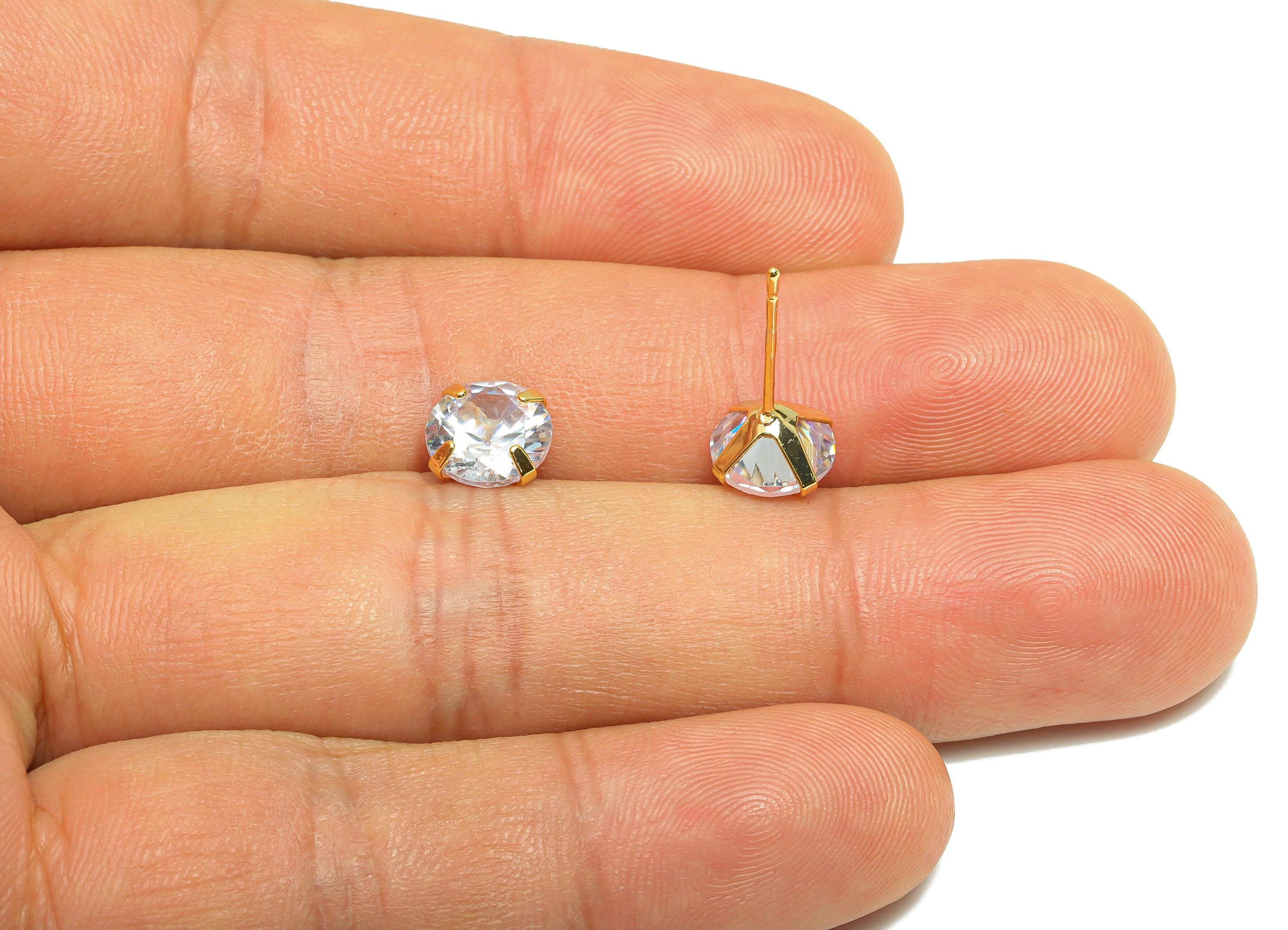 Brass Cut Diamond Earring - Gold Minimalist Ear Post with 8mm Zircon - Prong Setting Earring - 18K Real Gold Plated - 17x8x5.3mm - RGP8939-8 - DOMEDBAZAAR