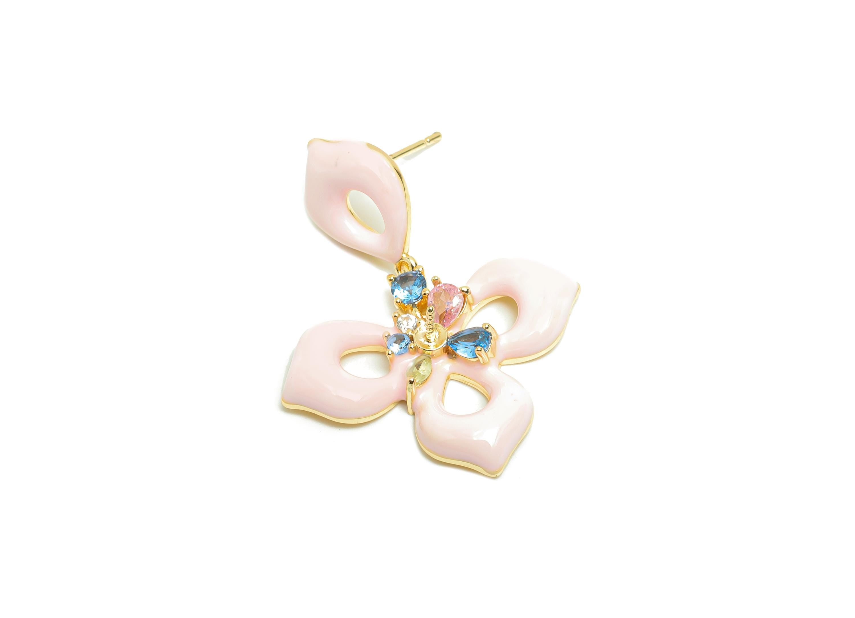 Brass Flower Earring Stud - Rainbow Zircon Enamel Earring Post - Gold Jewelry - Silver Post - 18K Real Gold Plated - 35x26.9x4mm - RGP9970 - DOMEDBAZAAR