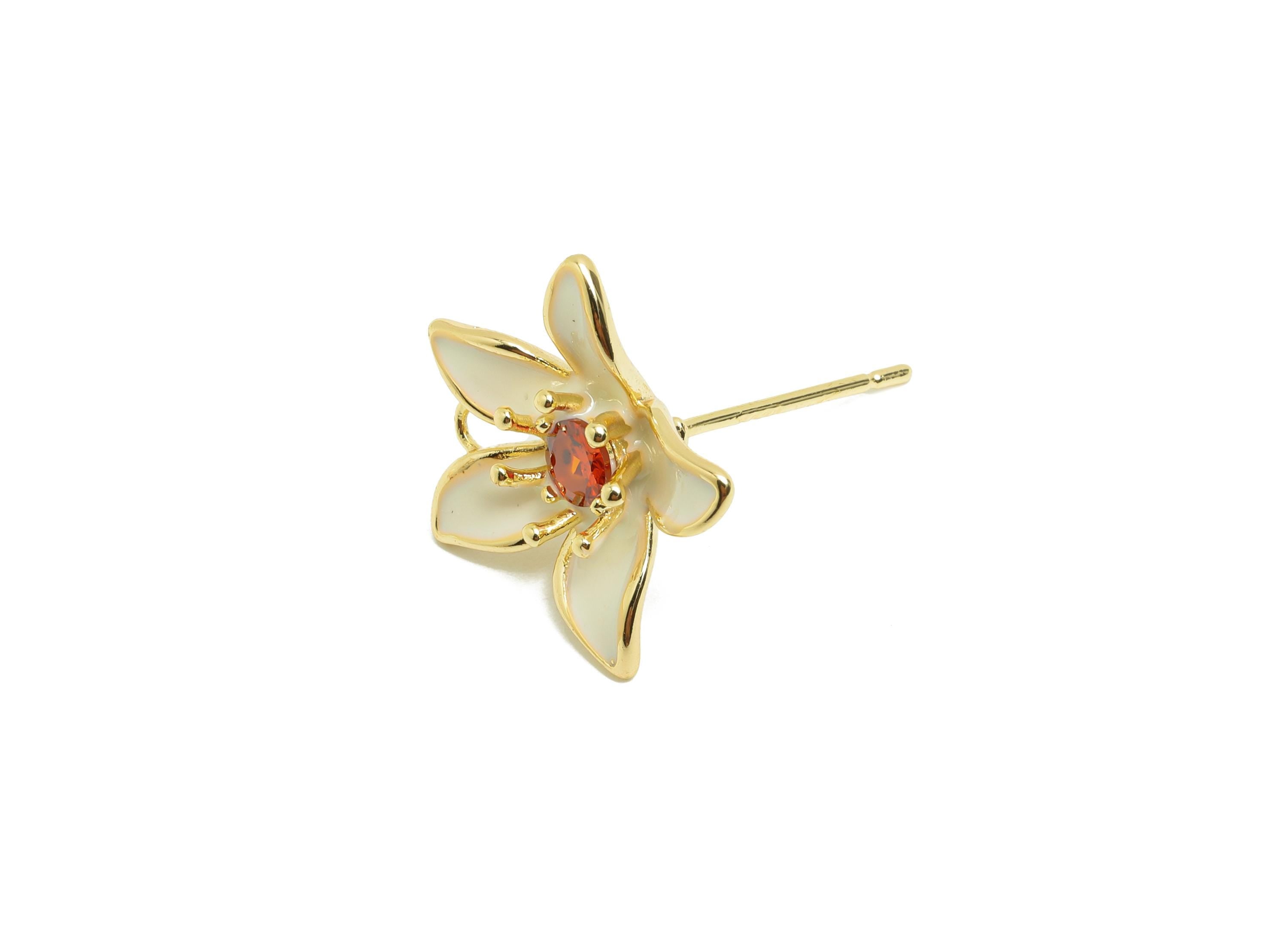 Brass Flower Earring Stud - Brass White Enamel Earring Post - Gold Jewelry - Zircon Earring Post - 18K Real Gold Plated - 15x15x5mm -RGP9993 - DOMEDBAZAAR