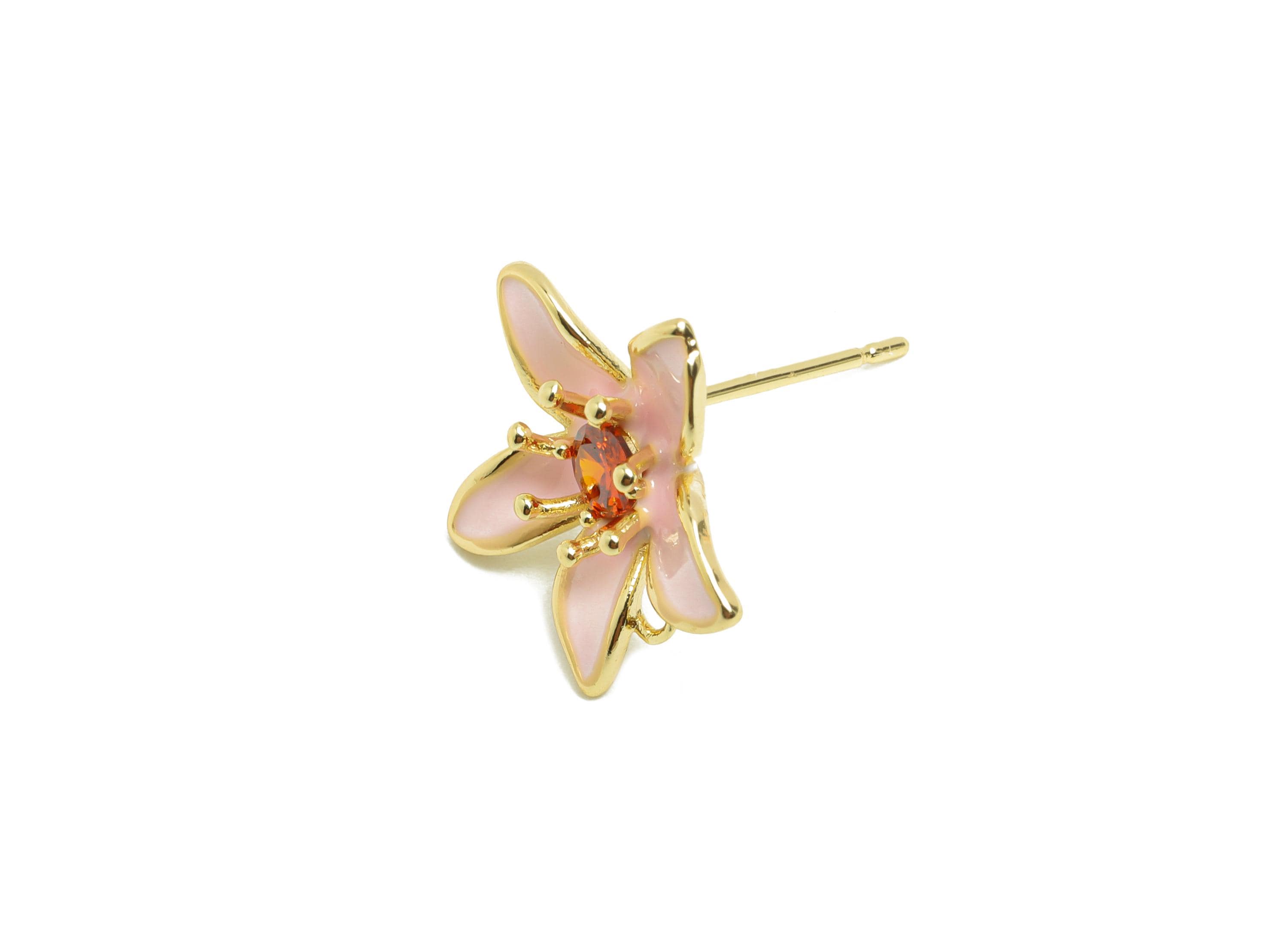 Brass Flower Earring Stud - Brass Pink Enamel Earring Post - Gold Jewelry - Zircon Earring Post - 18K Real Gold Plated - 15x15x5mm - RGP9974 - DOMEDBAZAAR