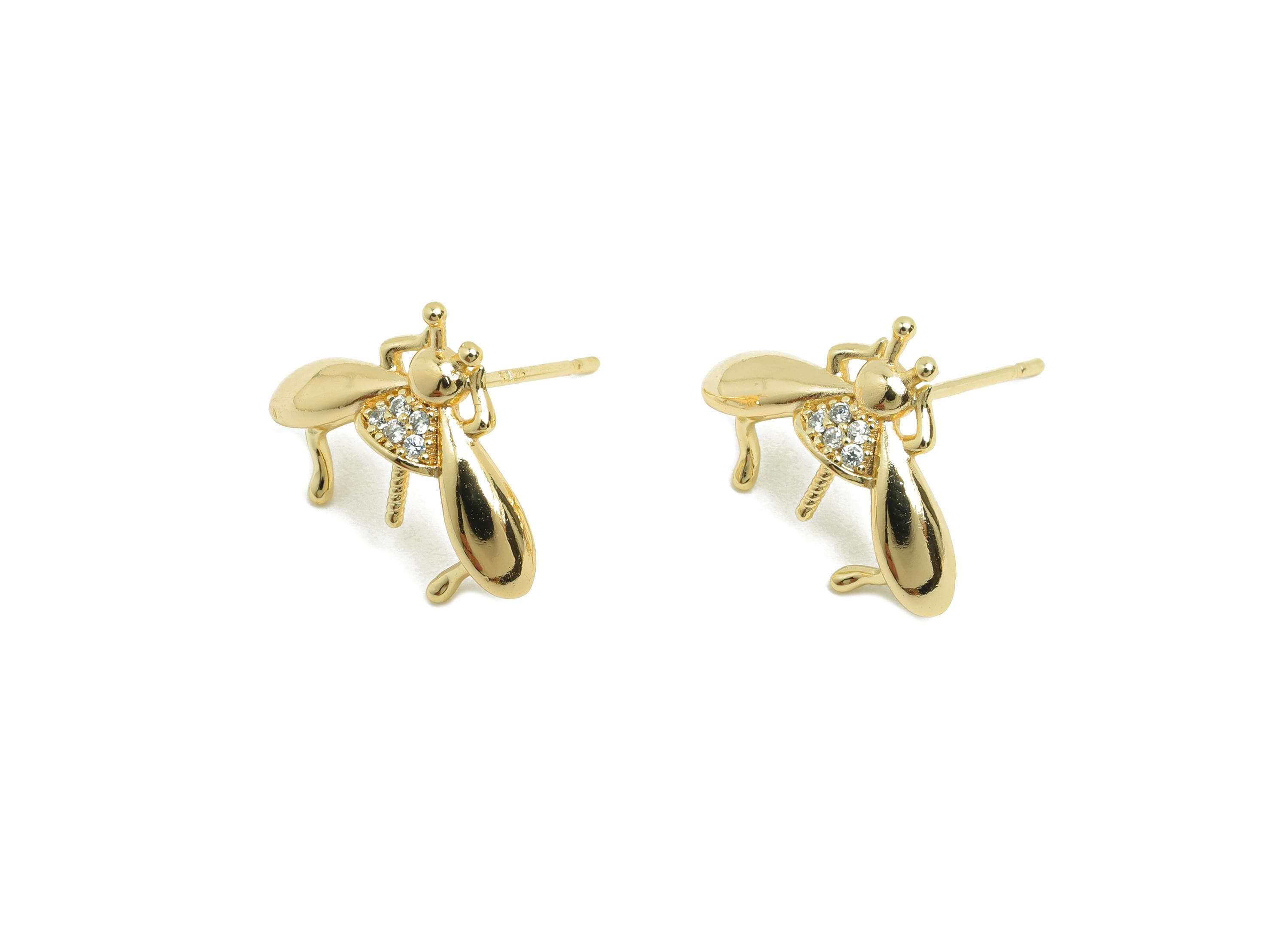 Brass CZ Bee Earring Stud - Zircon Earring Post For Pearl  - Gold Jewelry - Pearl Setting Post - 18K Real Gold Plated - 15x12x4mm - RGP9973 - DOMEDBAZAAR