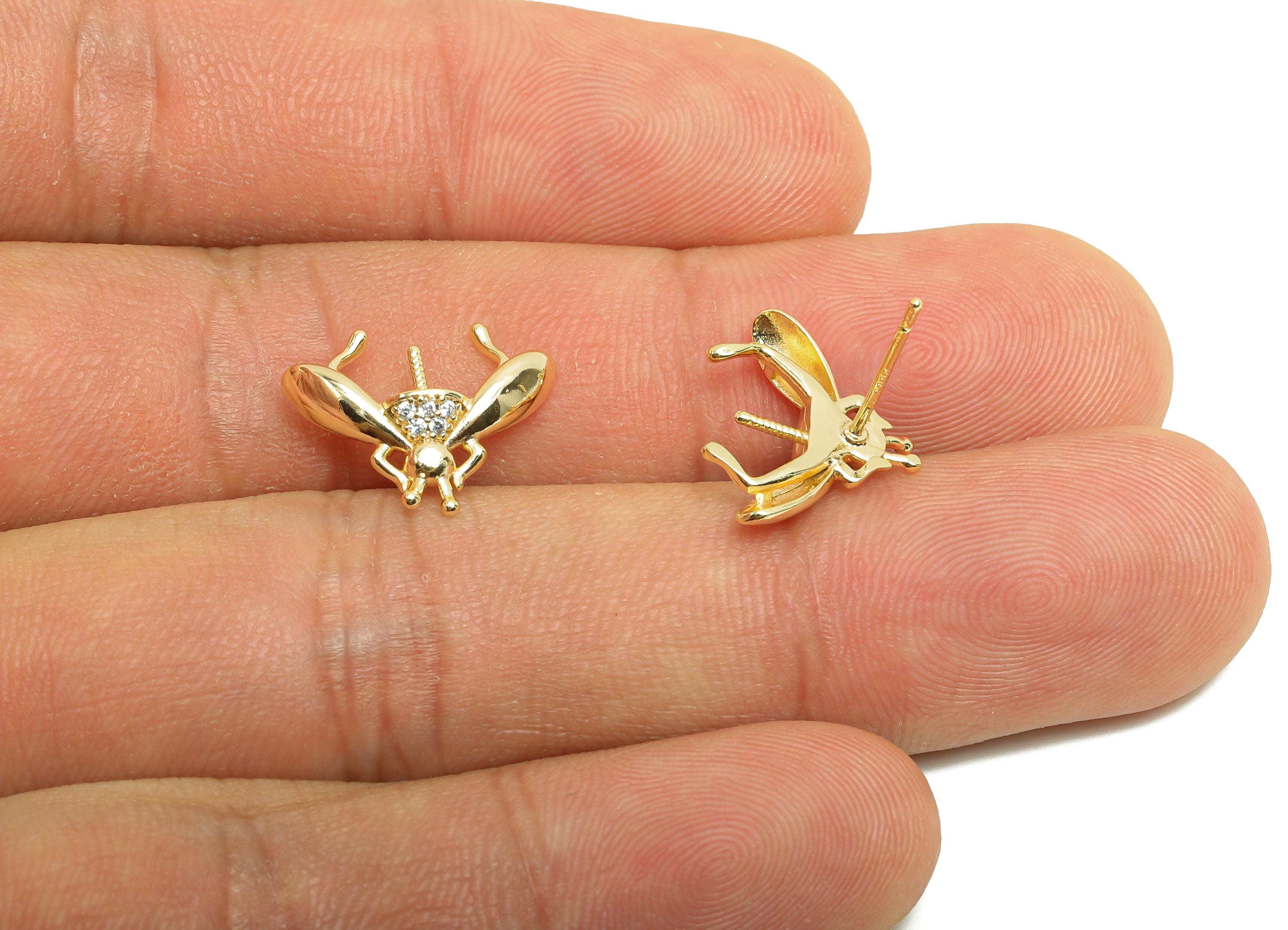 Brass CZ Bee Earring Stud - Zircon Earring Post For Pearl  - Gold Jewelry - Pearl Setting Post - 18K Real Gold Plated - 15x12x4mm - RGP9973 - DOMEDBAZAAR