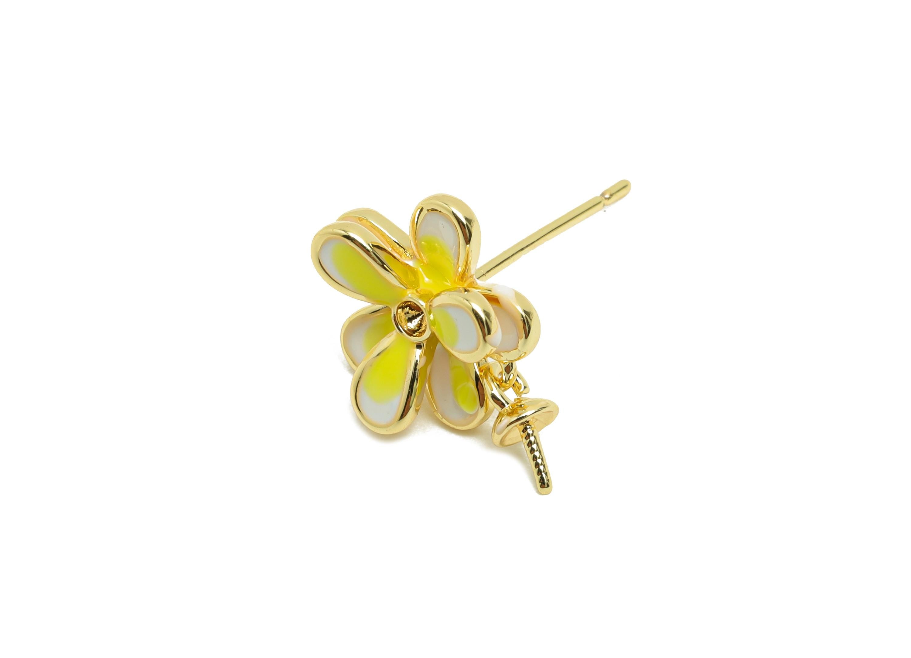 Brass Flower Earring Stud - Brass Enamel Earring Post - Gold Jewelry - Brass Pearl Setting - 18K Real Gold Plating - 14x11.7x4.5mm - RGP9978 - DOMEDBAZAAR