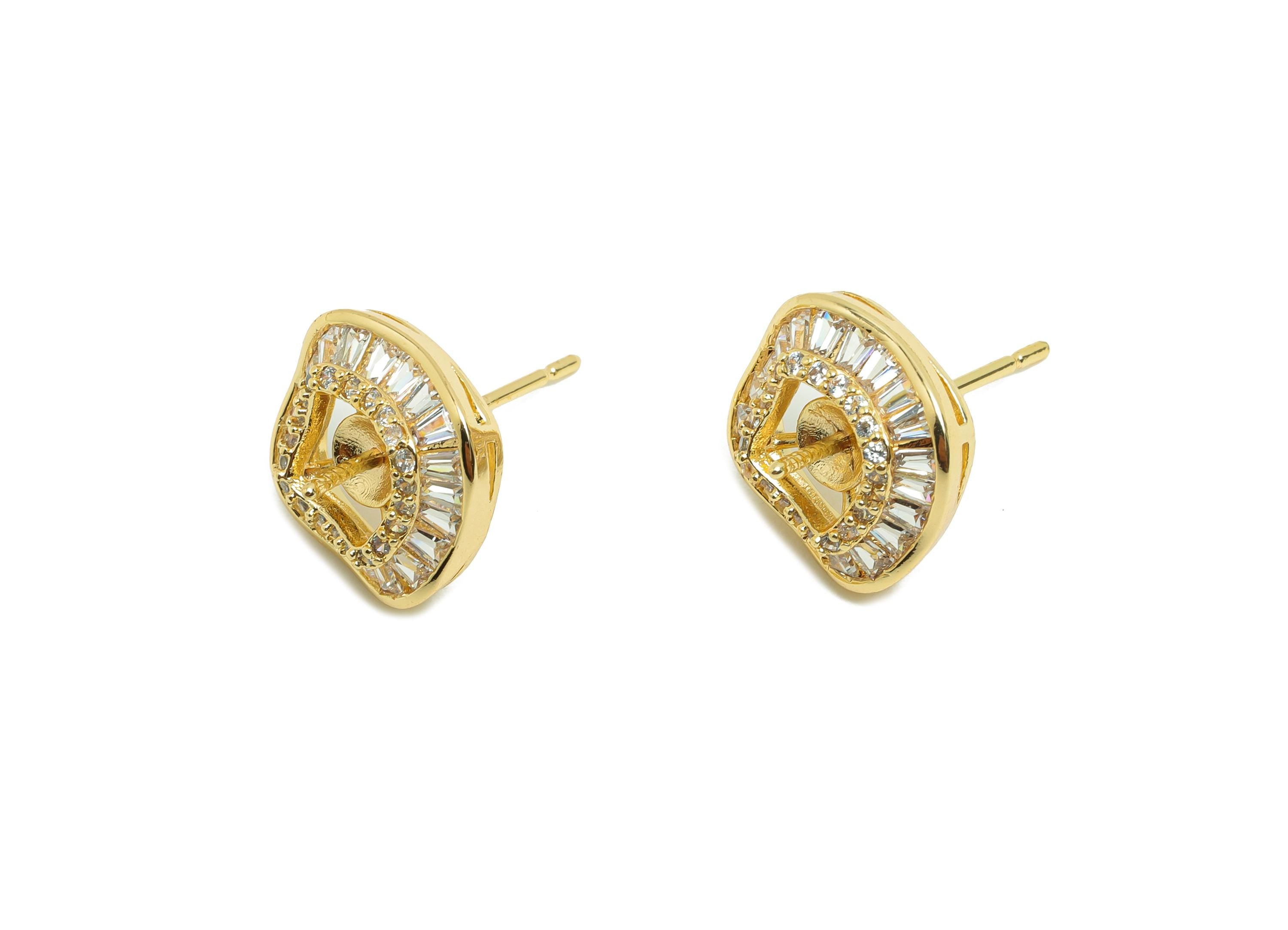 Brass CZ Earring Stud - Brass Zircon Square Earring Post - Geometry CZ Post - Gold Jewelry - 18K Real Gold Plating - 12x11x7mm - RGP9980 - DOMEDBAZAAR