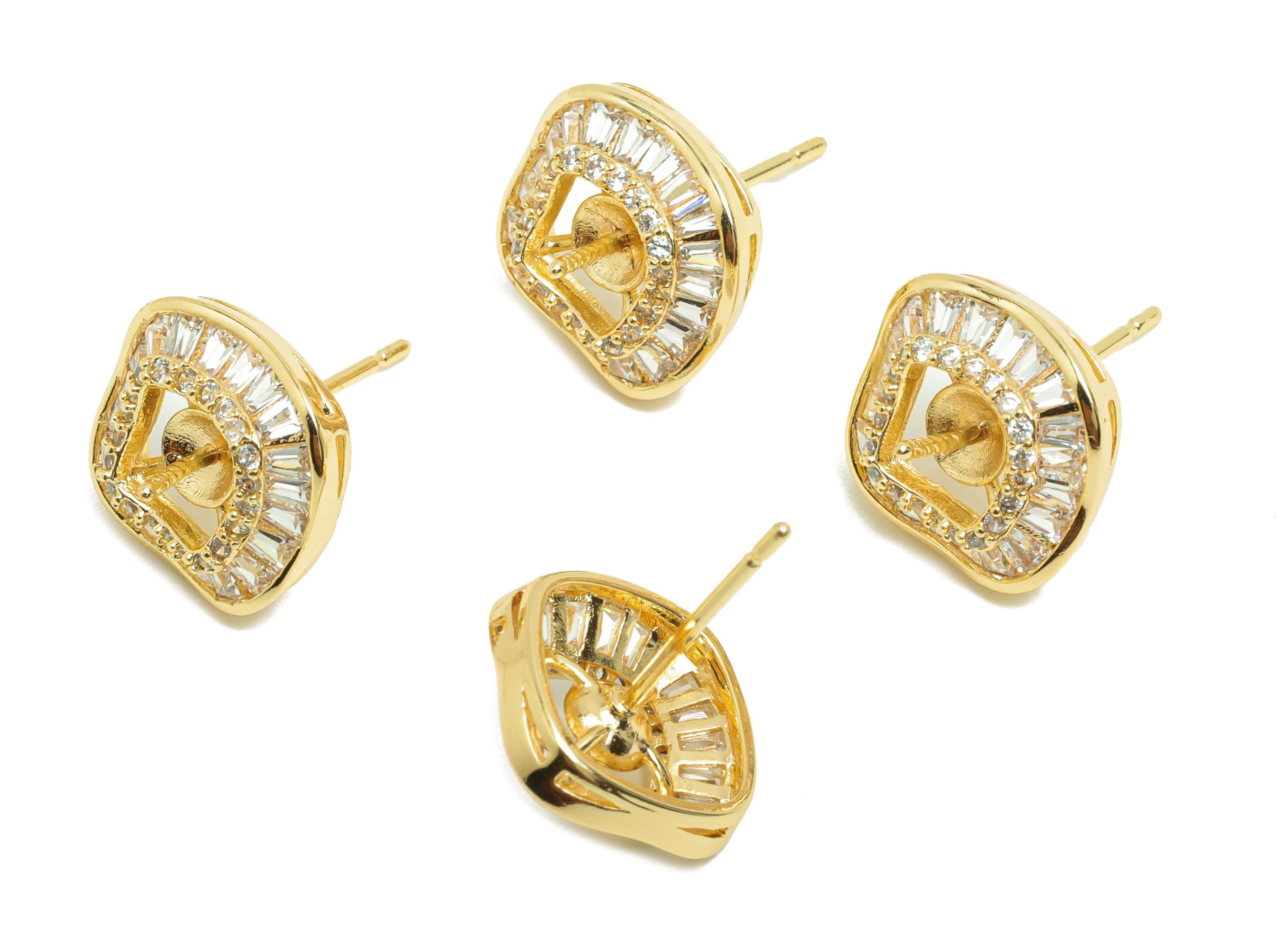 Brass CZ Earring Stud - Brass Zircon Square Earring Post - Geometry CZ Post - Gold Jewelry - 18K Real Gold Plating - 12x11x7mm - RGP9980 - DOMEDBAZAAR