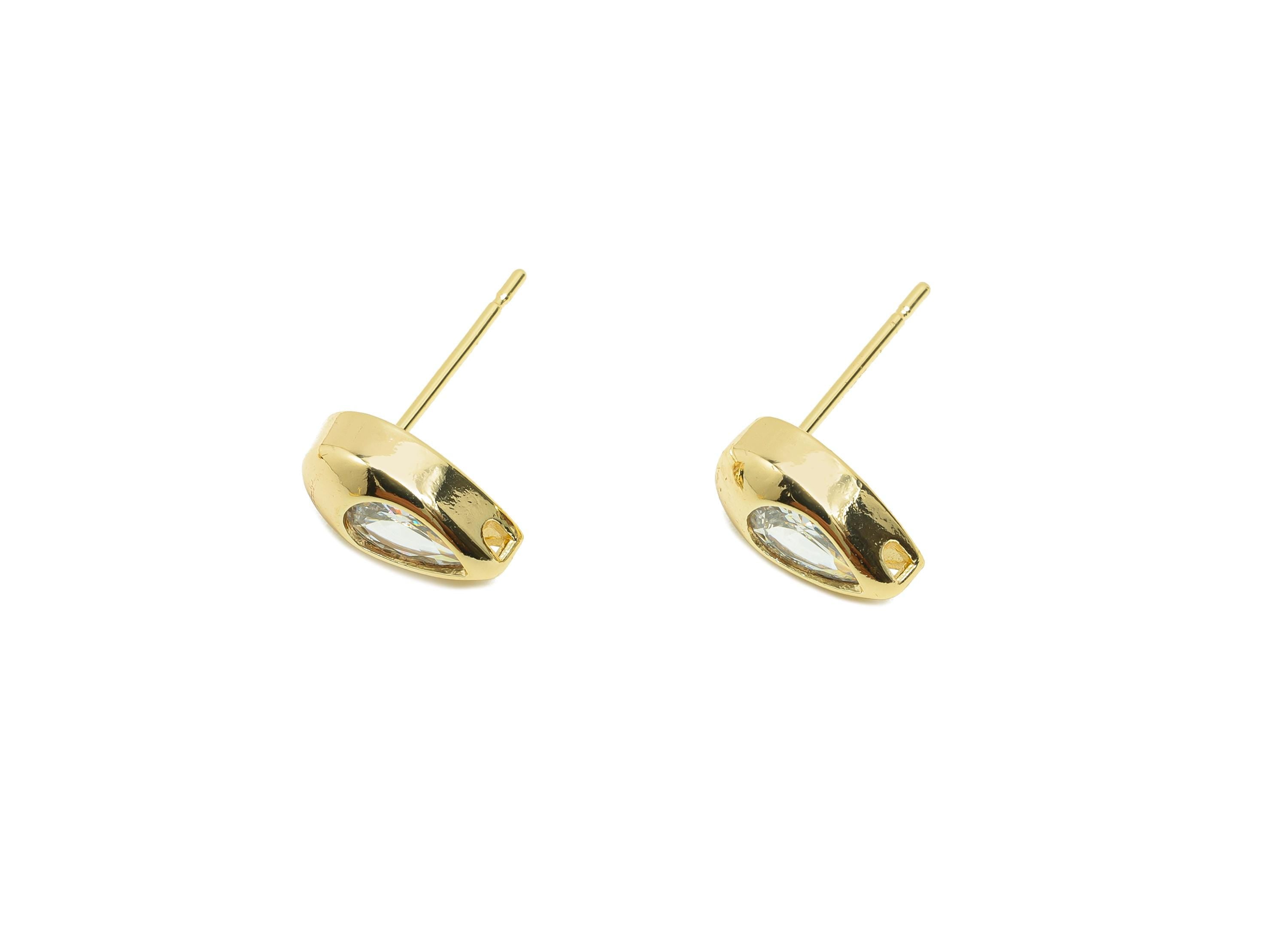 Brass CZ Earring Stud - Brass Zircon Teardrop Earring Post - Geometry CZ Post - Gold Jewelry - 18K Real Gold Plating - 10.2x6x4mm - RGP9985 - DOMEDBAZAAR
