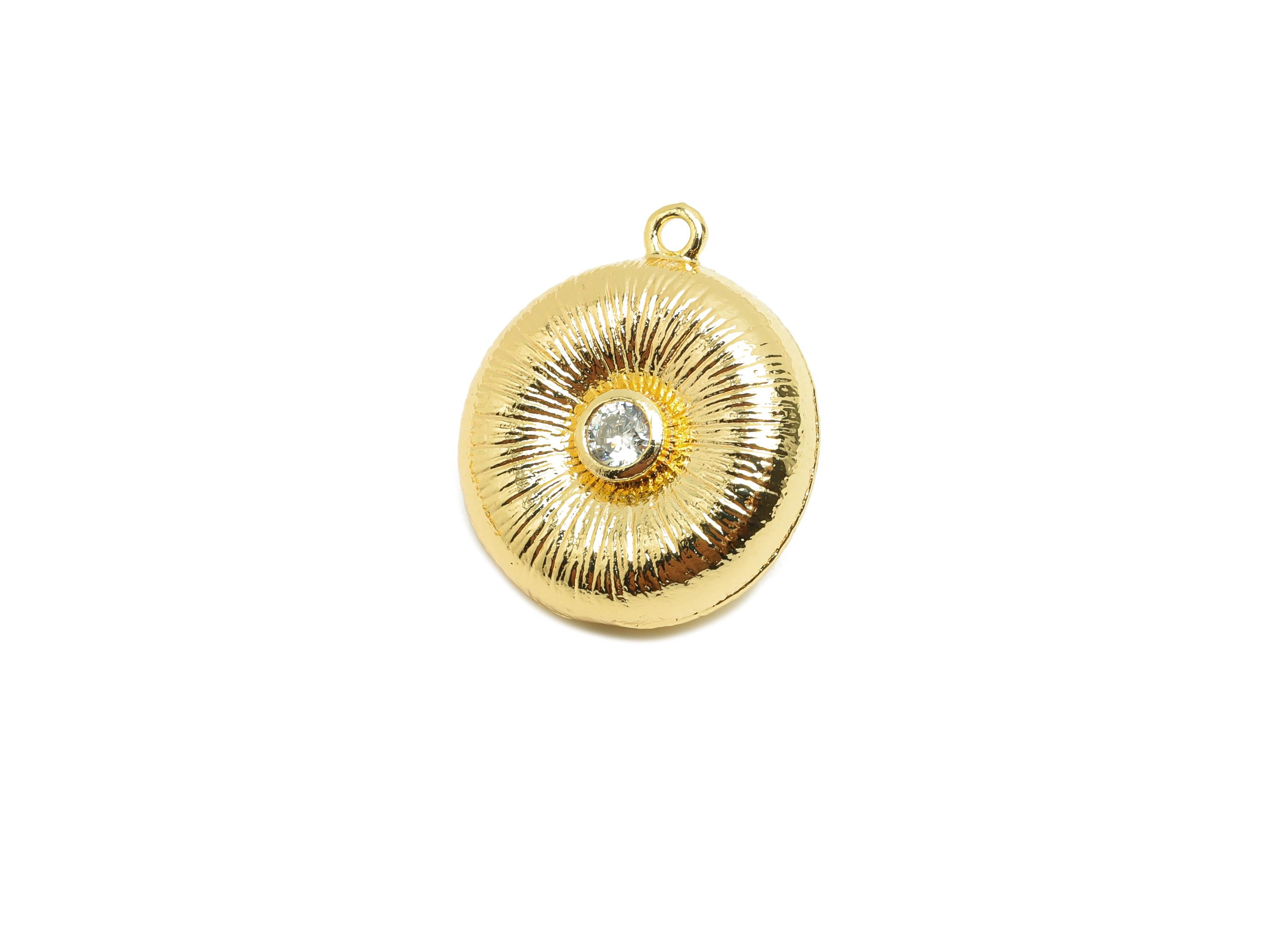Brass CZ Earring Charm - Brass Textured Round Charm - Pearl Setting - Brass Zircon Pendant - 18K Real Gold Plating -19.8x17.3x5mm - RGP9997 - DOMEDBAZAAR