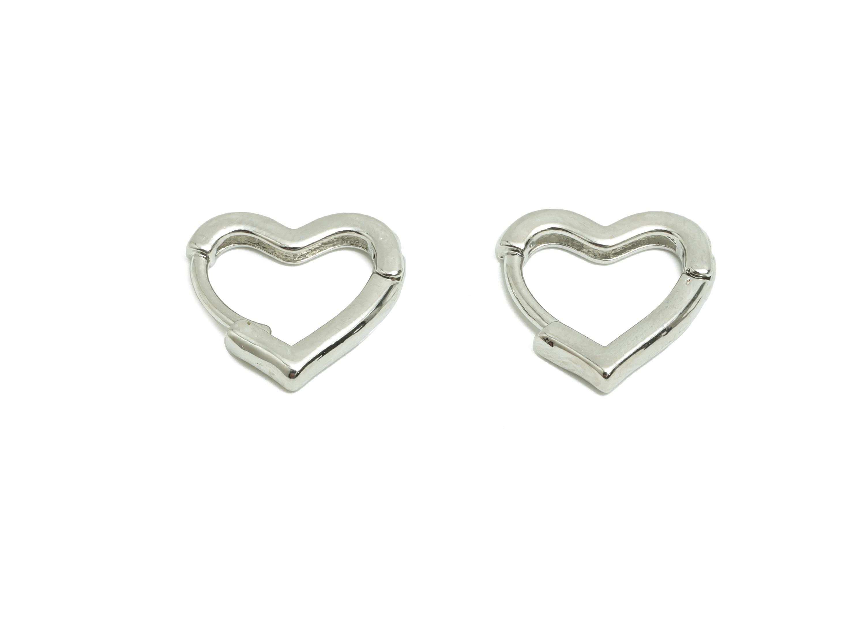 Brass Heart Hoop Earring - White Huggie Earring for Girls - Valentine&#39;s Day Earring - 18K Real White Gold Plated - 13.4x13.78x2.34mm-RGP8582 - DOMEDBAZAAR