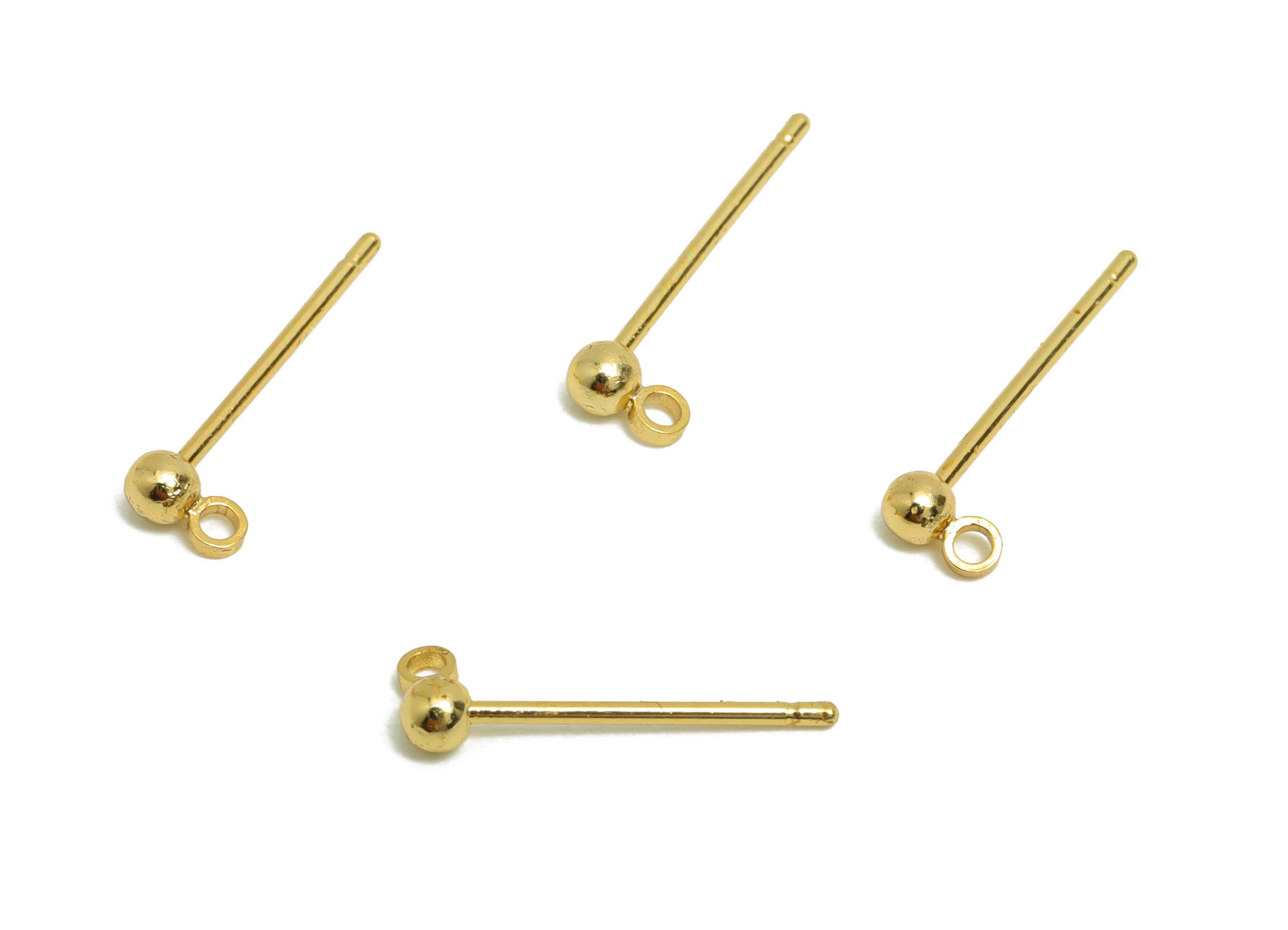 2.5mm Ball Earring Stud - Brass Mini Ball Earring for Girls - Gold Tiny Ear Post with Loop - 18K Real Gold Plated-14.4x4.4x2.5mm-RGP8588-2.5 - DOMEDBAZAAR