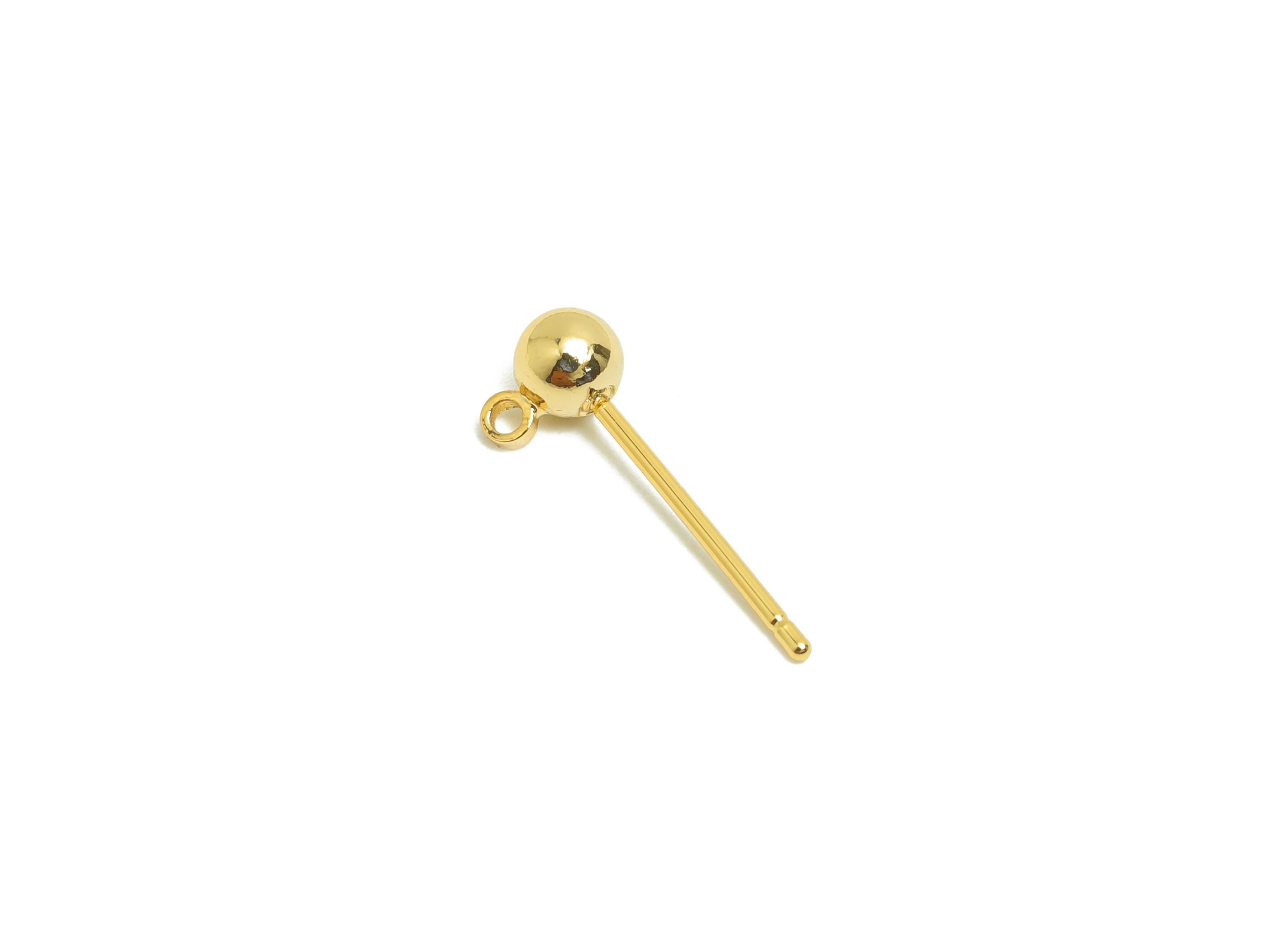 4mm Ball Earring Stud - Brass Mini Ball Earring for Girl&#39;s - Gold Tiny Earring Post with Loop - 18K Real Gold Plated- 16.5x6x4mm -RGP8588-4 - DOMEDBAZAAR