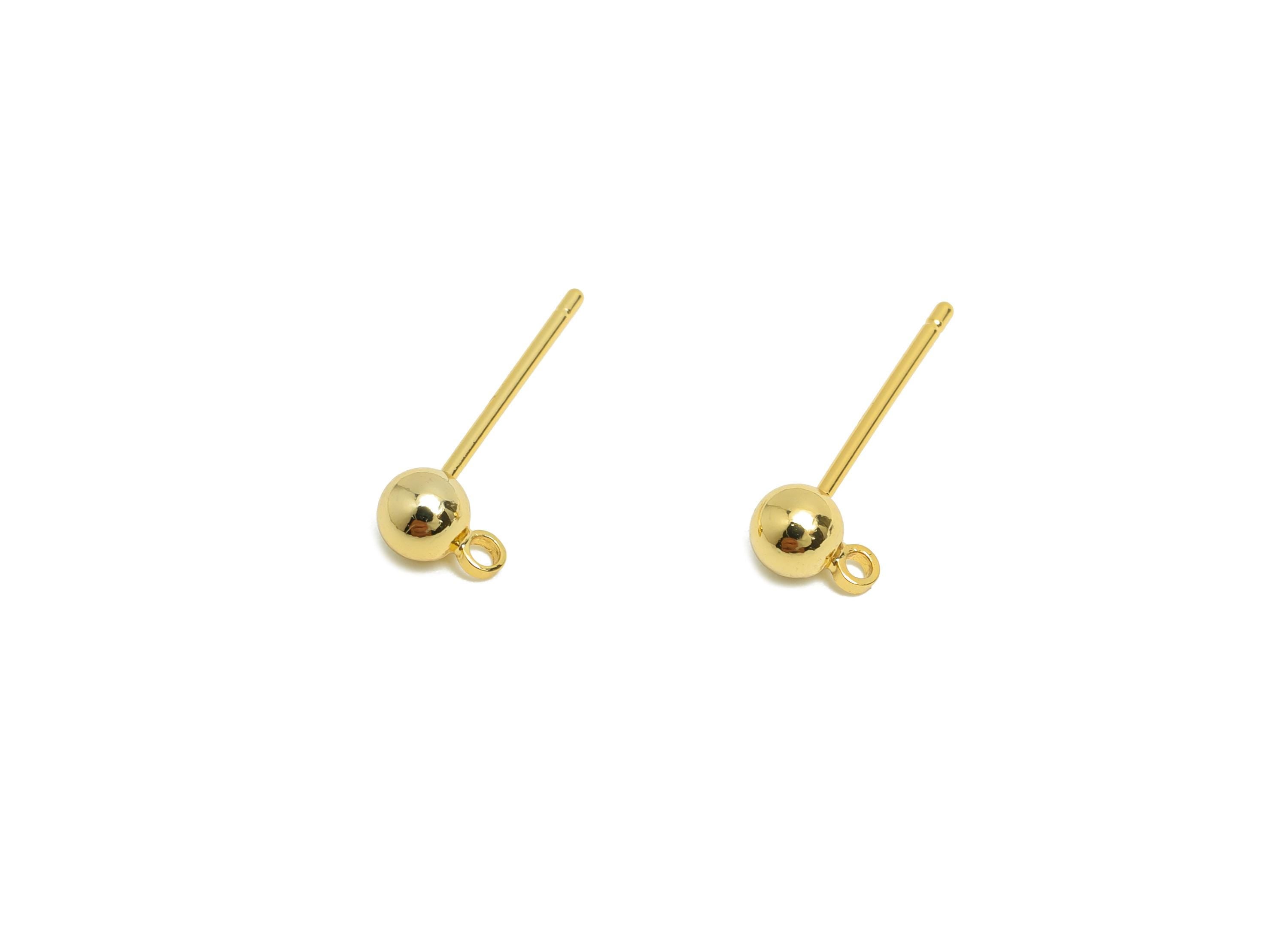 4mm Ball Earring Stud - Brass Mini Ball Earring for Girl&#39;s - Gold Tiny Earring Post with Loop - 18K Real Gold Plated- 16.5x6x4mm -RGP8588-4 - DOMEDBAZAAR