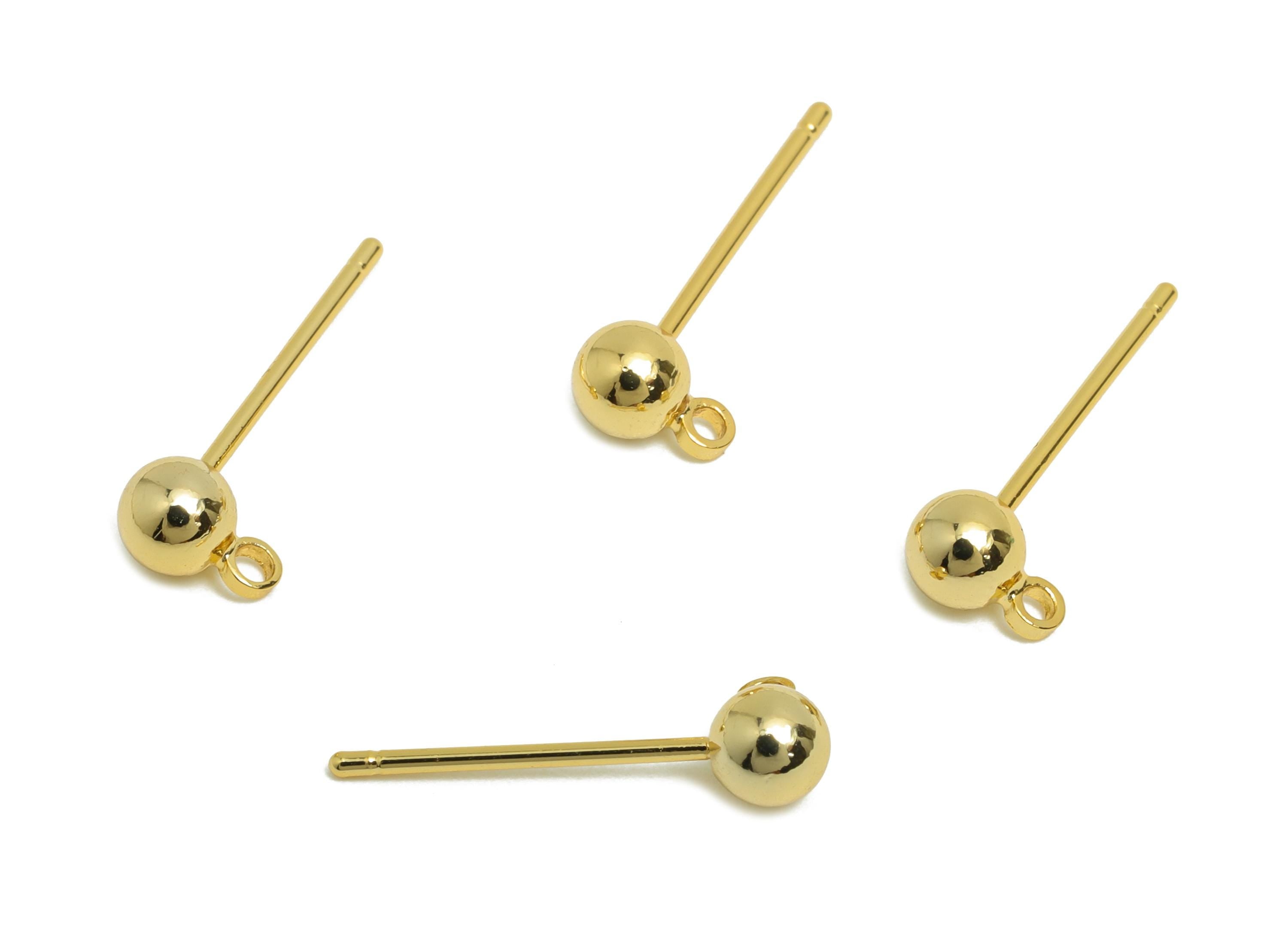 4mm Ball Earring Stud - Brass Mini Ball Earring for Girl&#39;s - Gold Tiny Earring Post with Loop - 18K Real Gold Plated- 16.5x6x4mm -RGP8588-4 - DOMEDBAZAAR