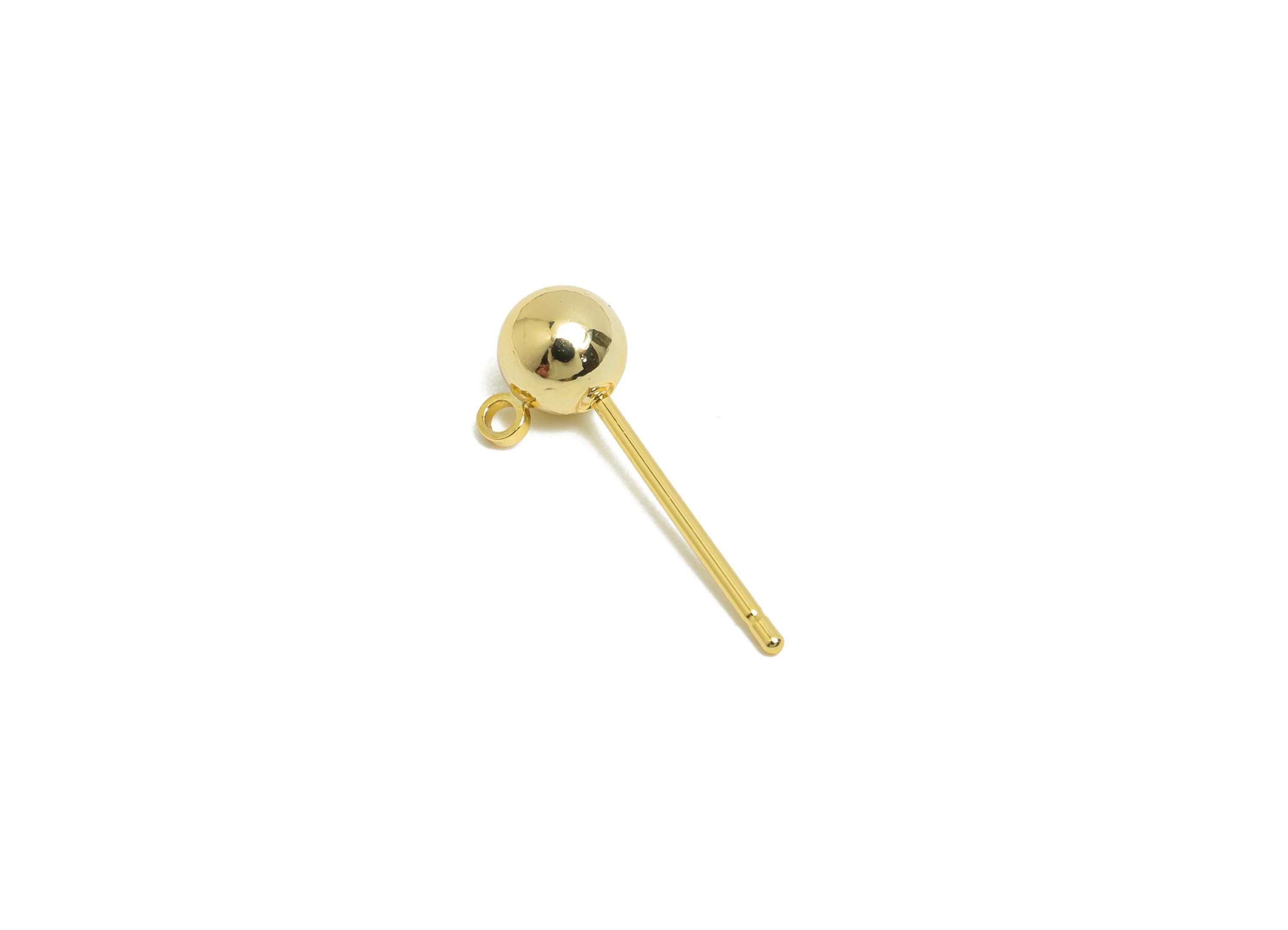 5mm Ball Earring Stud - Brass Mini Ball Earring for Girl&#39;s - Gold Tiny Earring Post with Loop - 18K Real Gold Plated- 17.8x7x5mm -RGP8588-5 - DOMEDBAZAAR