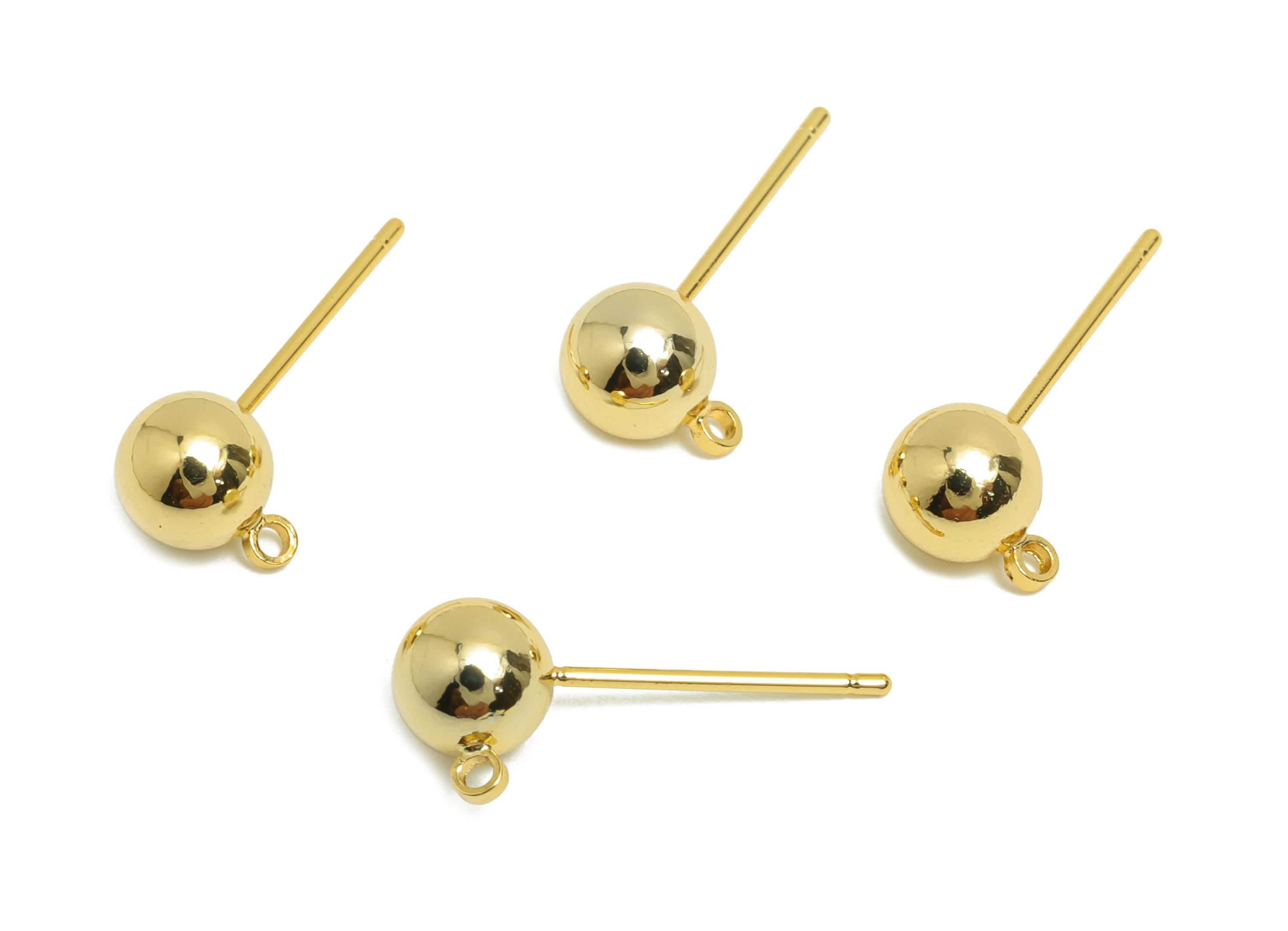 6mm Ball Earring Stud - Brass Beads Ball Earring for Girl&#39;s - Gold Earring Post with Loop - 18K Real Gold Plated - 18.8x7.7x6mm - RGP8588-6 - DOMEDBAZAAR