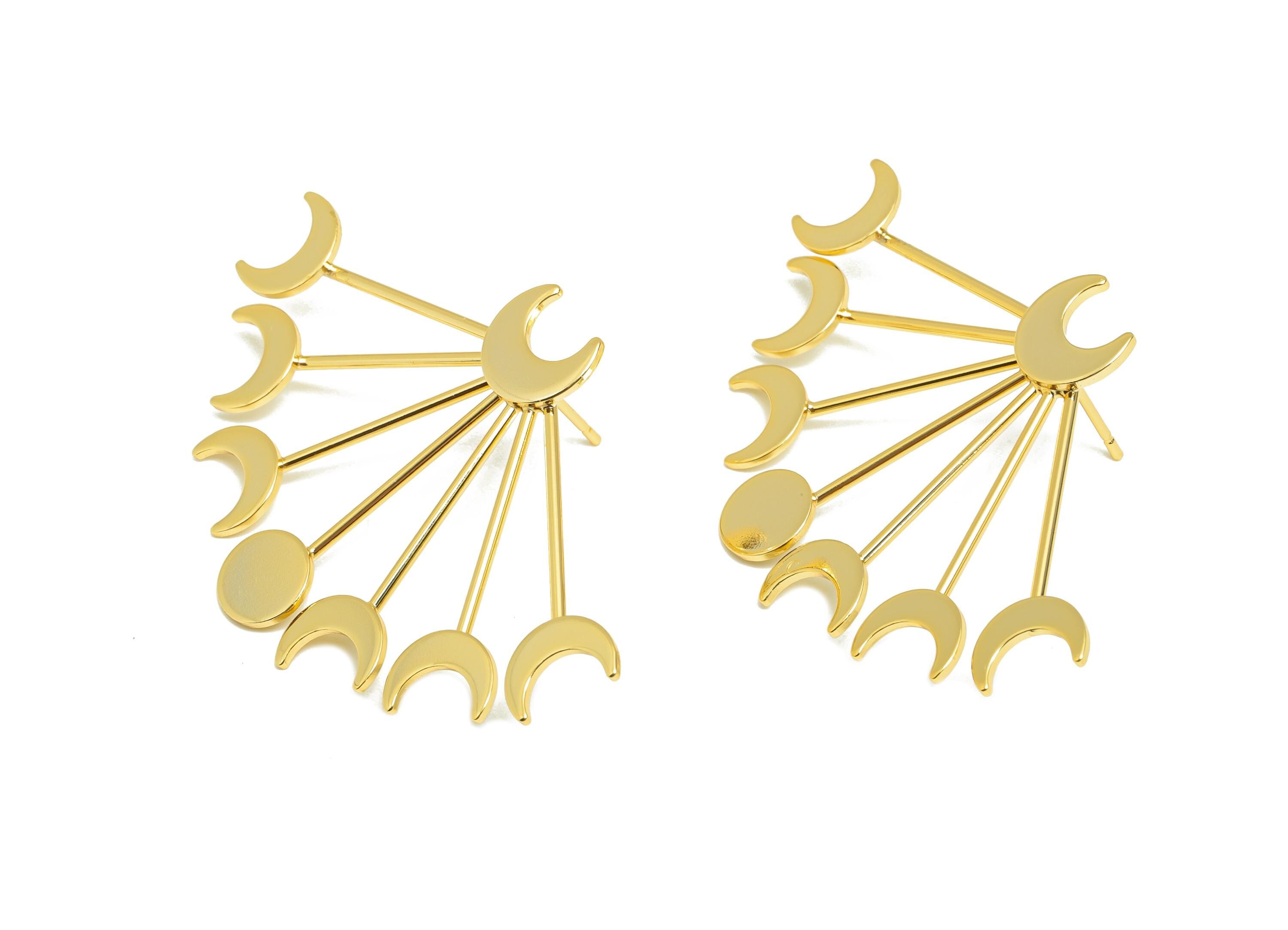 Brass Fringe Earring - Moon Round Fringe Ear Stud for Women - Gold Crescent Earring Post - 18K Real Gold Plating-48.88x31.27x2.06mm- RGP8949 - DOMEDBAZAAR