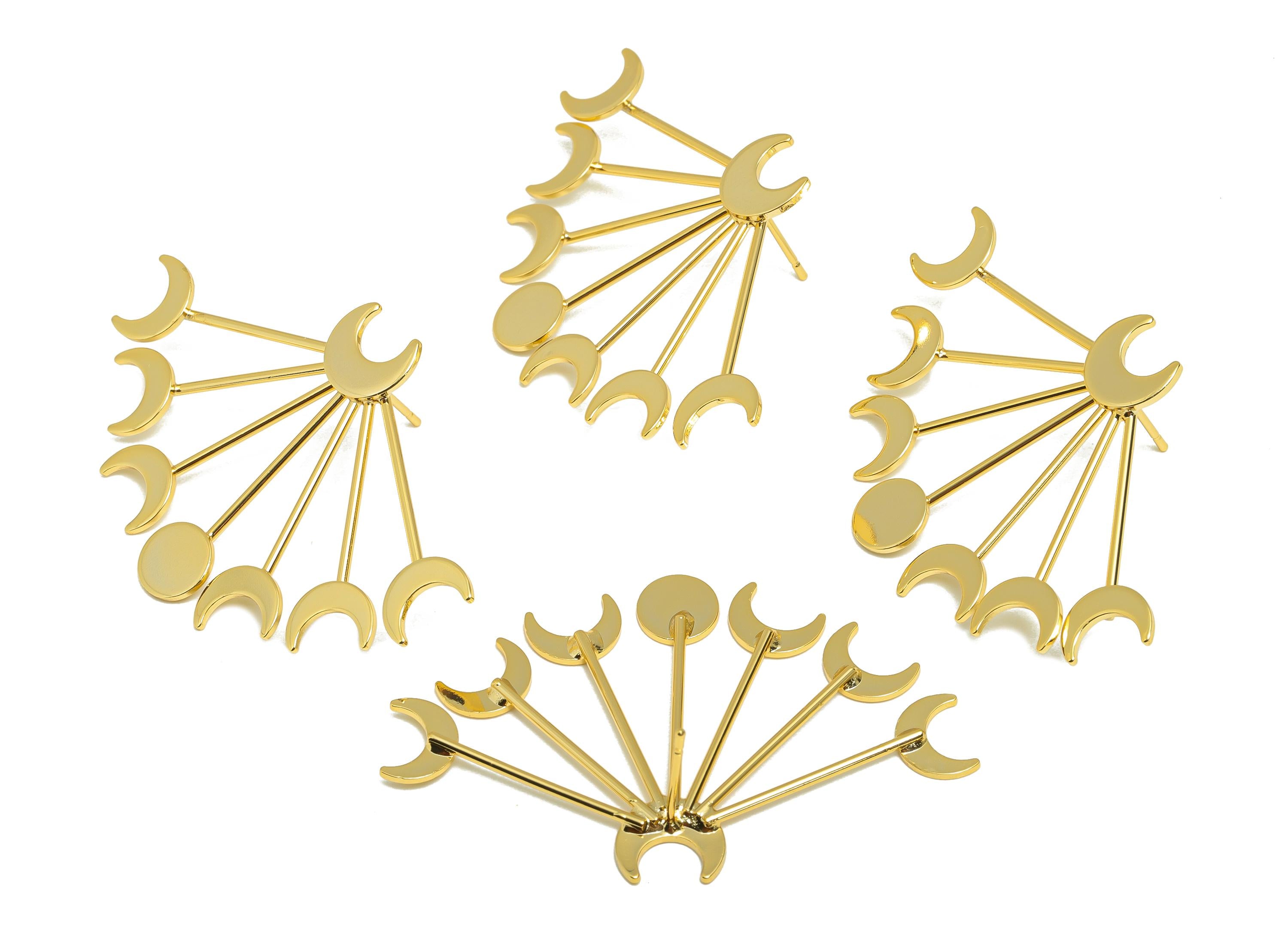 Brass Fringe Earring - Moon Round Fringe Ear Stud for Women - Gold Crescent Earring Post - 18K Real Gold Plating-48.88x31.27x2.06mm- RGP8949 - DOMEDBAZAAR