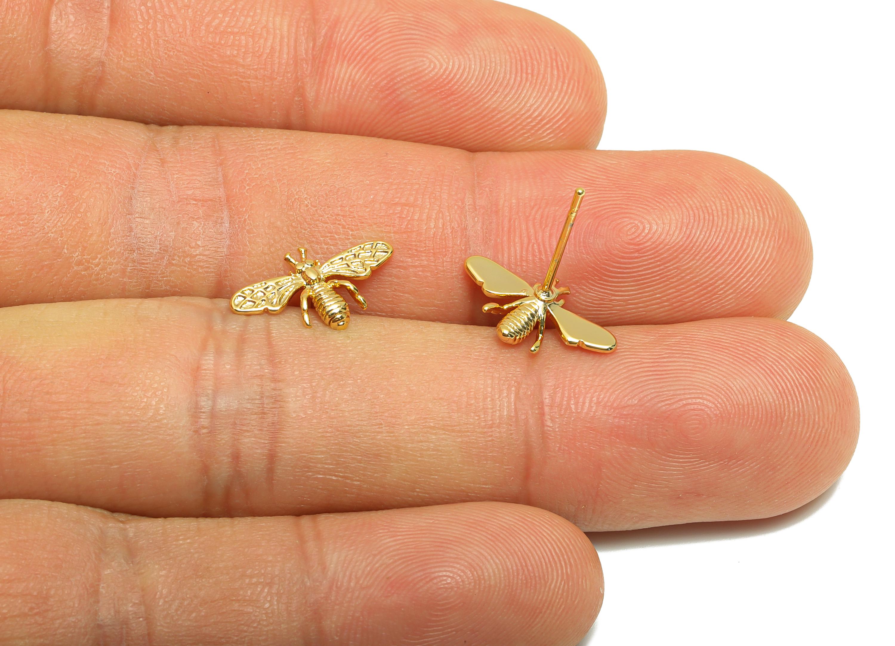 Brass Tiny Bee Earring - Gold Geometric Ear Post for Girls - Animal Daily Wear Earring - 18K Real Gold Plating - 15.71x16.19x1.59mm- RGP8950 - DOMEDBAZAAR