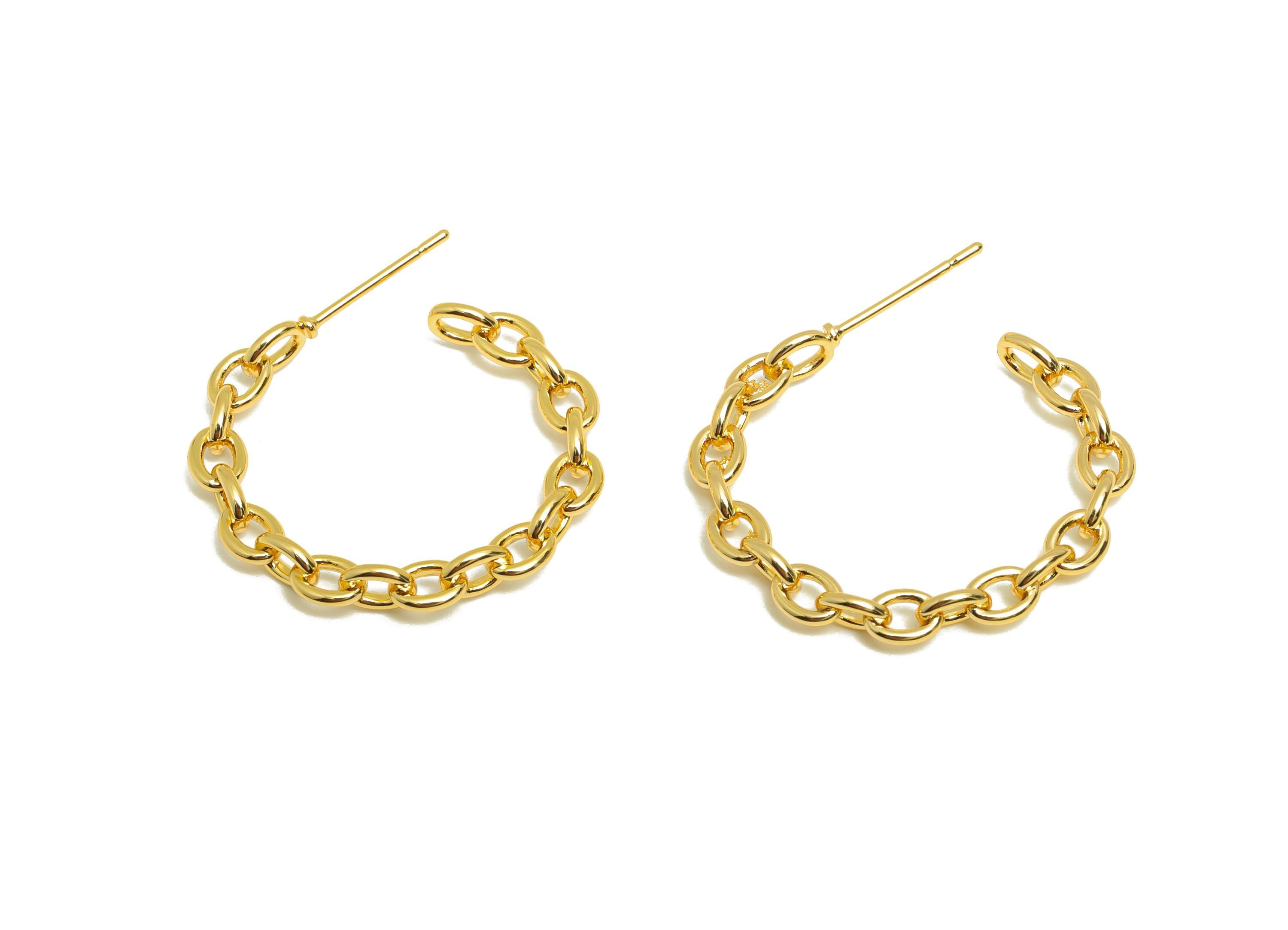 Brass Circle Chain Earring - Gold Cube Chain Earring Post - C Hoop Daily Wear Earring Stud - 18K Real Gold Plated -27.71x3.94x0.99mm-RGP8955 - DOMEDBAZAAR