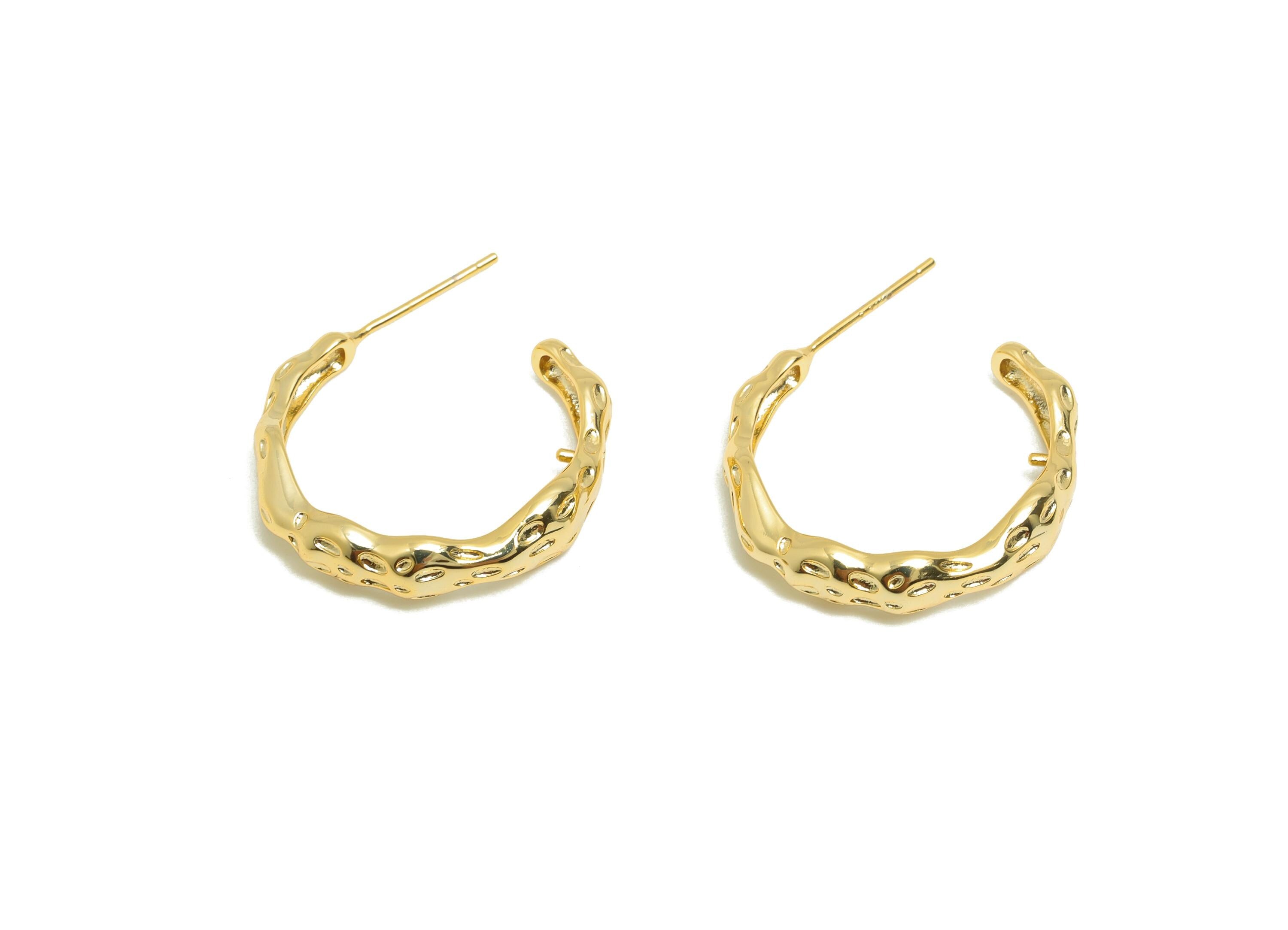 Brass Circle Earring Stud - Gold Open C Hoop Earring Post - Hammered Daily Wear Earring - 18K Real Gold Plated - 23.09x5.04x2.35mm - RGP8961 - DOMEDBAZAAR