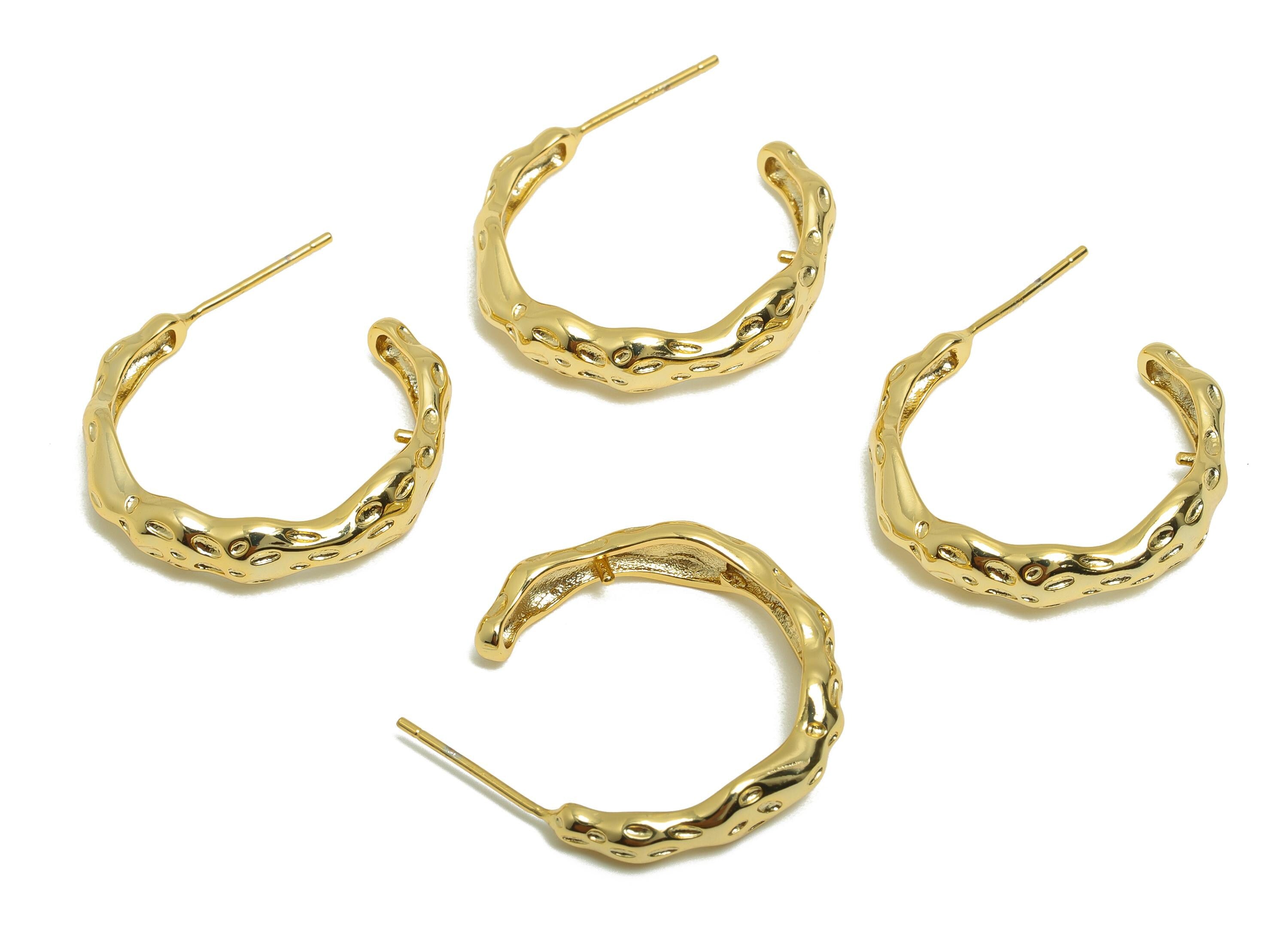 Brass Circle Earring Stud - Gold Open C Hoop Earring Post - Hammered Daily Wear Earring - 18K Real Gold Plated - 23.09x5.04x2.35mm - RGP8961 - DOMEDBAZAAR