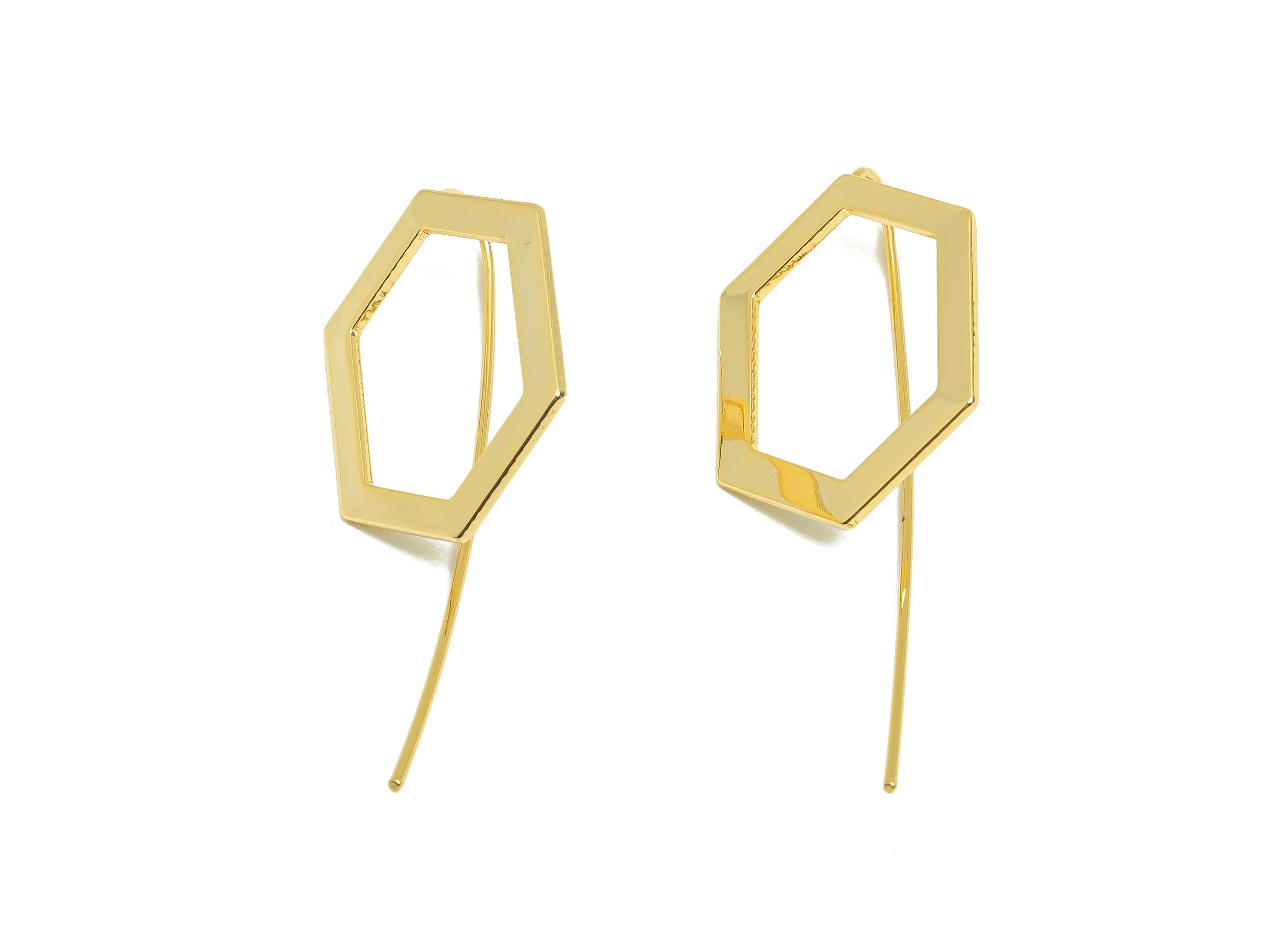Brass Hexagon Earring - Gold Minimalist Earring Wire for Woman&#39;s - Geometry Hexagon Ear Wire - 18K Real Gold Plating - 42x19x1mm - RGP8964 - DOMEDBAZAAR