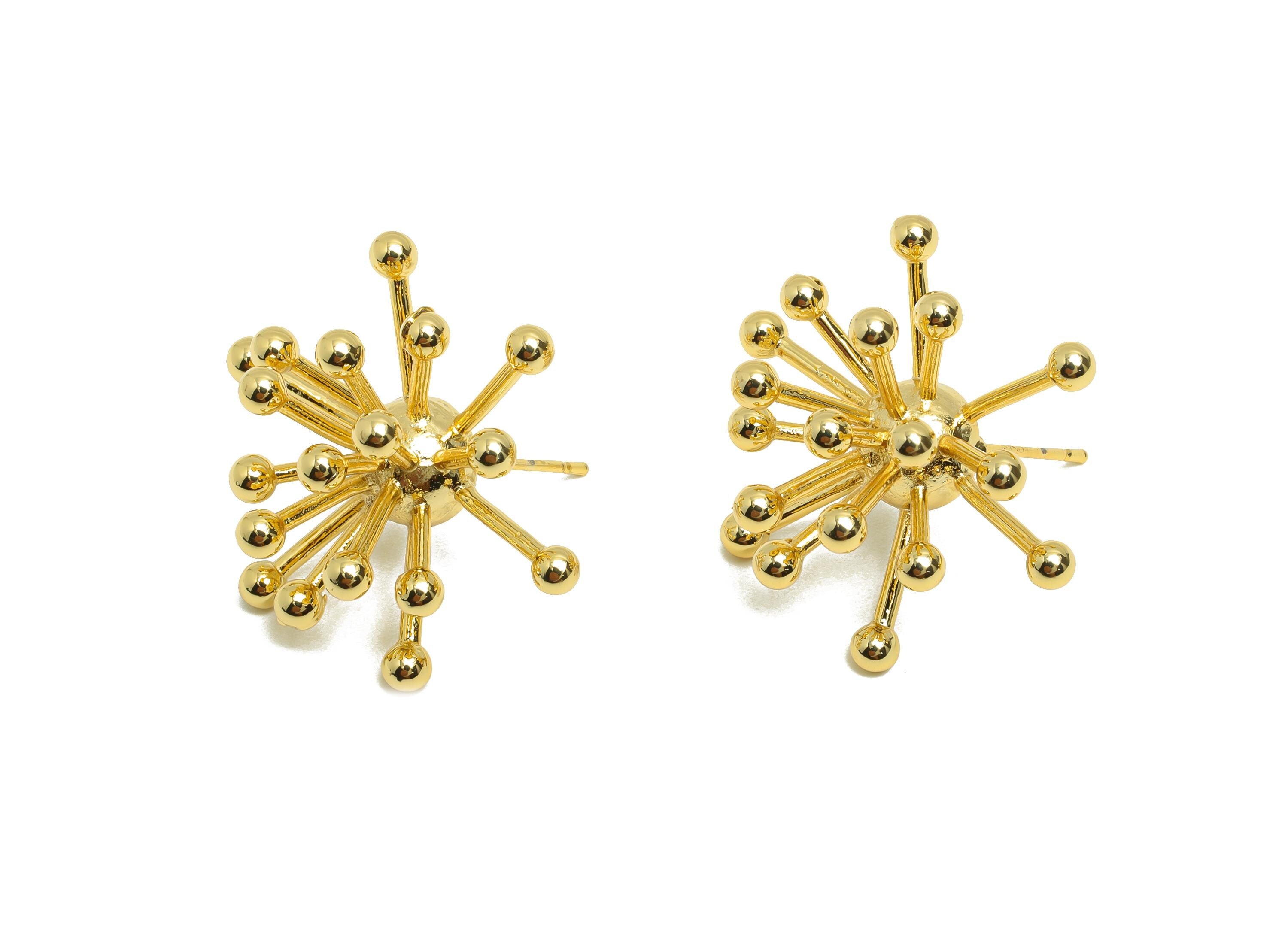 Brass Starburst Earring - Spikes Earring Stud for Women - Gold Sea Urchin Earring Post - 18K Real Gold Plating - 28.5x12.24x2.97mm - RGP8966 - DOMEDBAZAAR