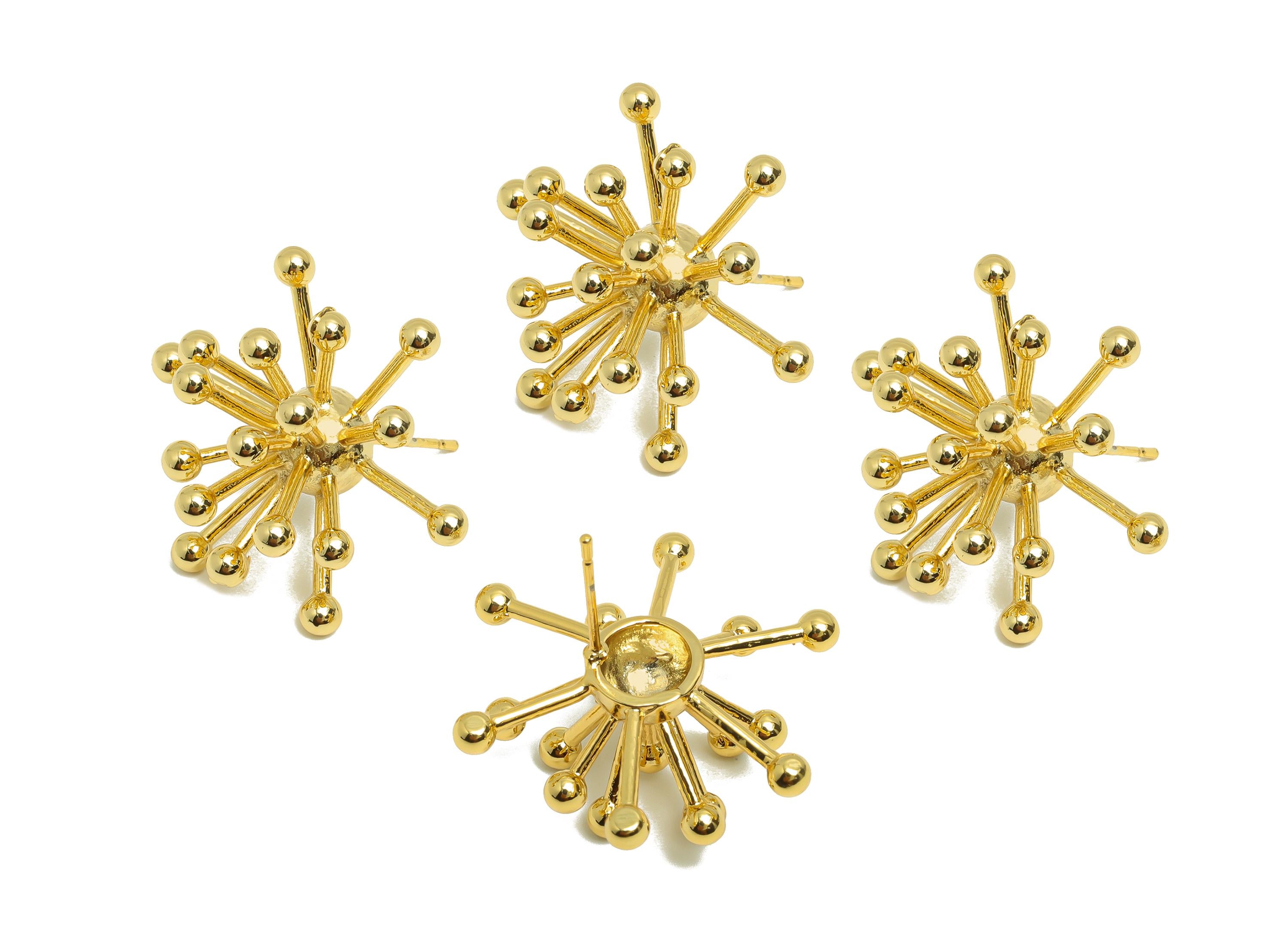 Brass Starburst Earring - Spikes Earring Stud for Women - Gold Sea Urchin Earring Post - 18K Real Gold Plating - 28.5x12.24x2.97mm - RGP8966 - DOMEDBAZAAR