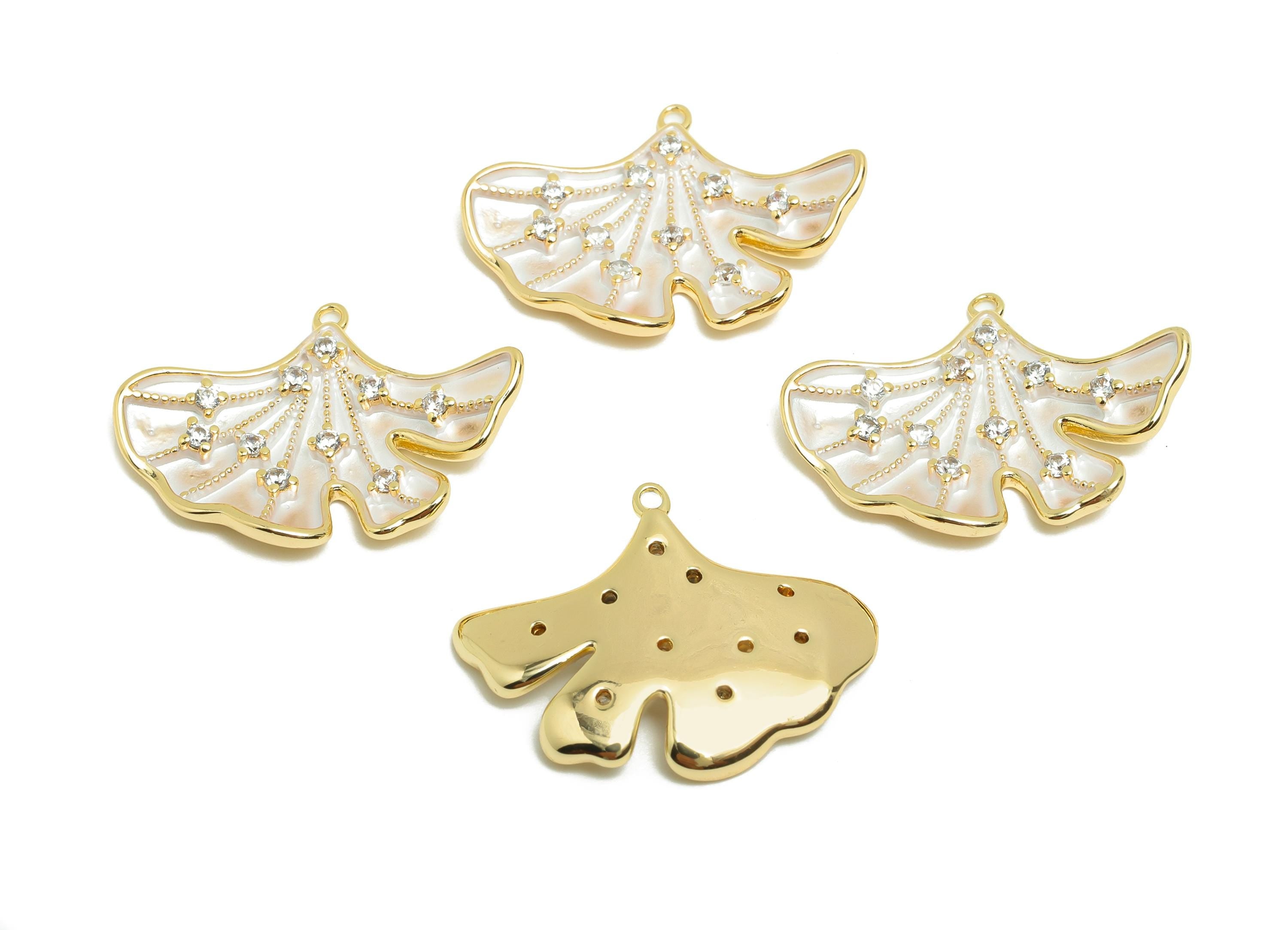 Brass Ginkgo Leaf Earring Charm - Brass Enamel Leaf Charm - Cubic Zircon Leaf CZ Pendant - 18K Real Gold Plated - 23x17x3mm - RGP9983 - DOMEDBAZAAR