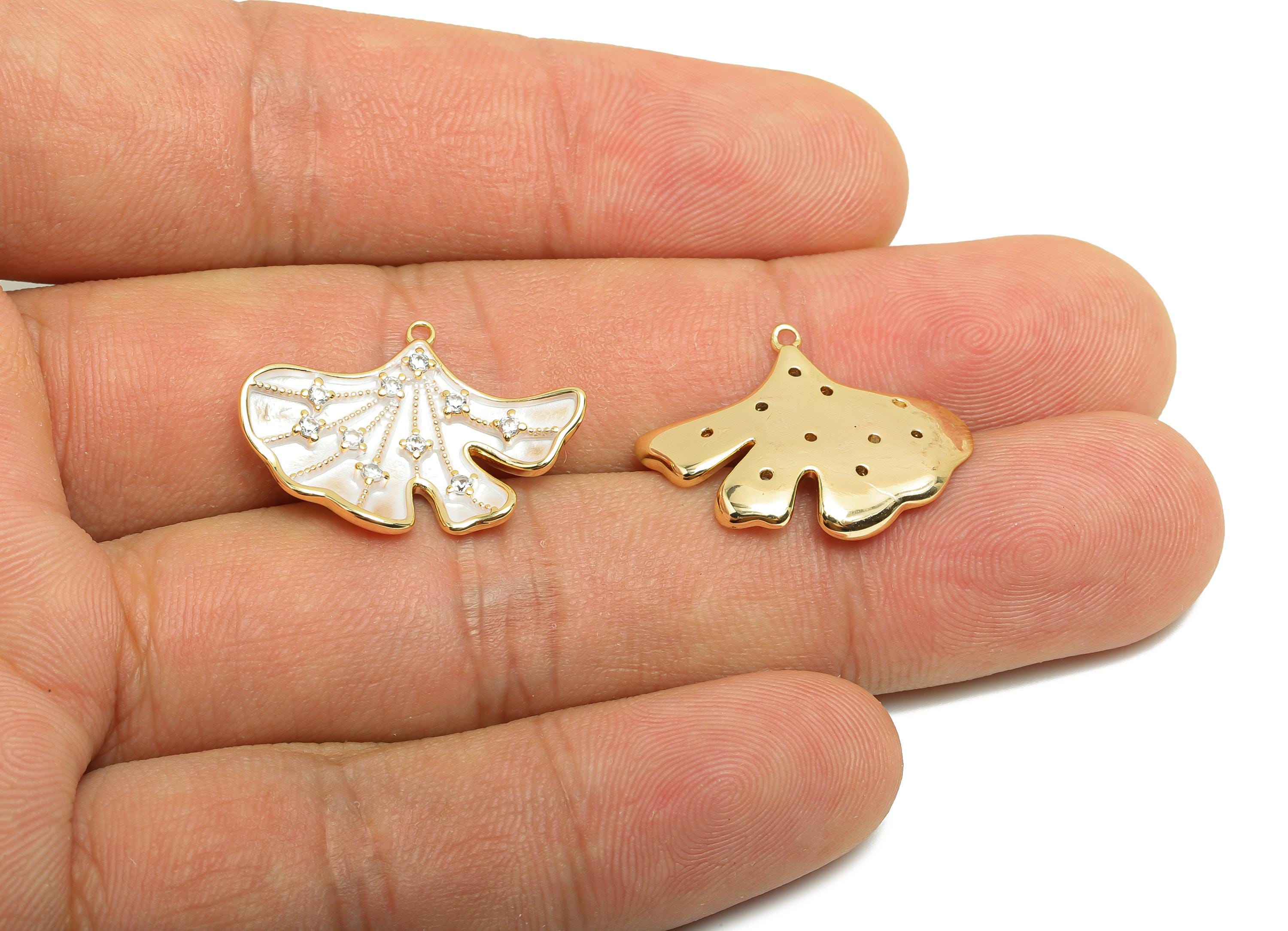 Brass Ginkgo Leaf Earring Charm - Brass Enamel Leaf Charm - Cubic Zircon Leaf CZ Pendant - 18K Real Gold Plated - 23x17x3mm - RGP9983 - DOMEDBAZAAR