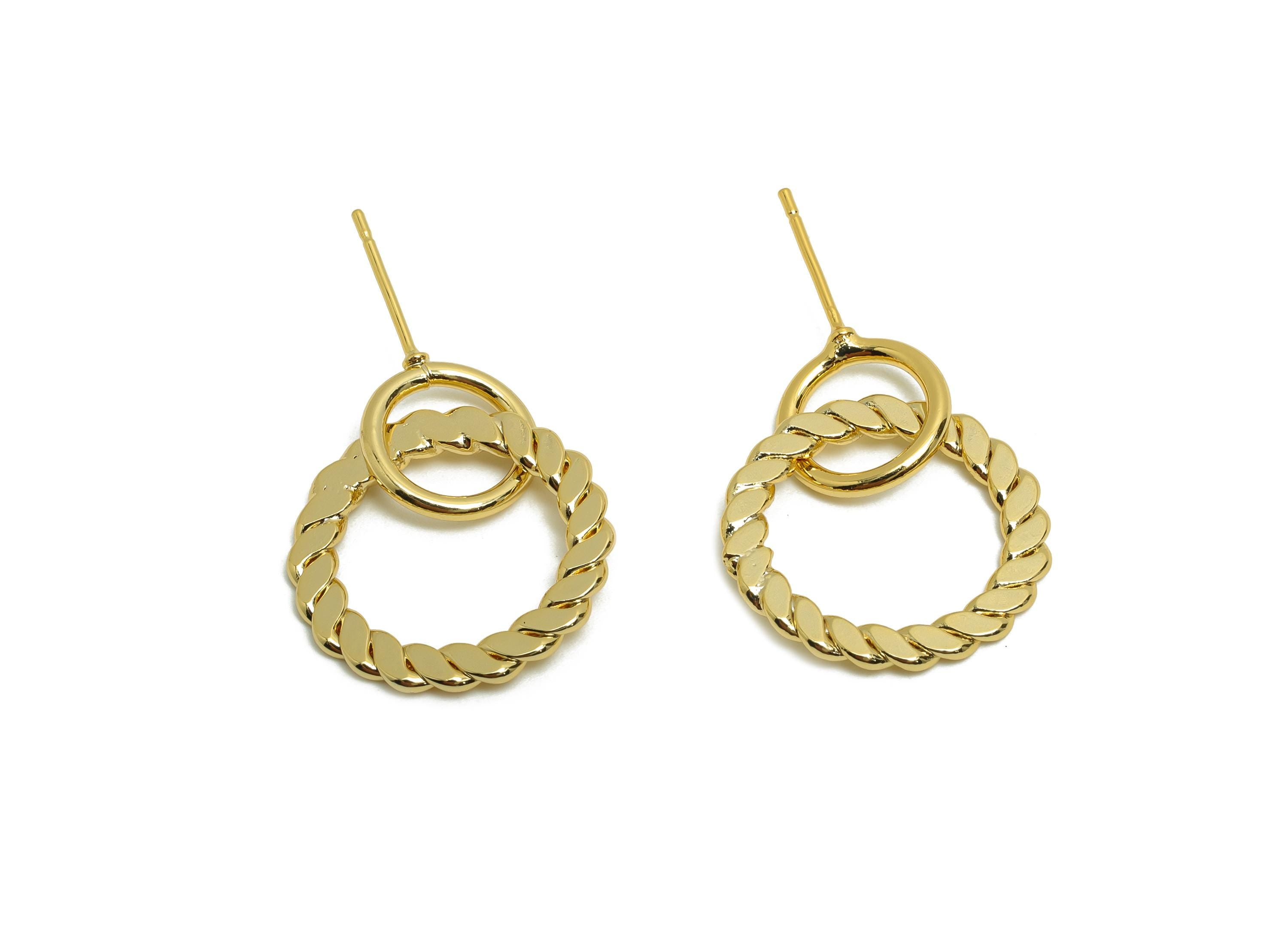 Brass Circle Earring Stud - Twisted Round Earring Post for Woman&#39;s - Gold Daily Wear Ear - 18K Real Gold Plating -25.73x19.49x1.55mm-RGP8694 - DOMEDBAZAAR