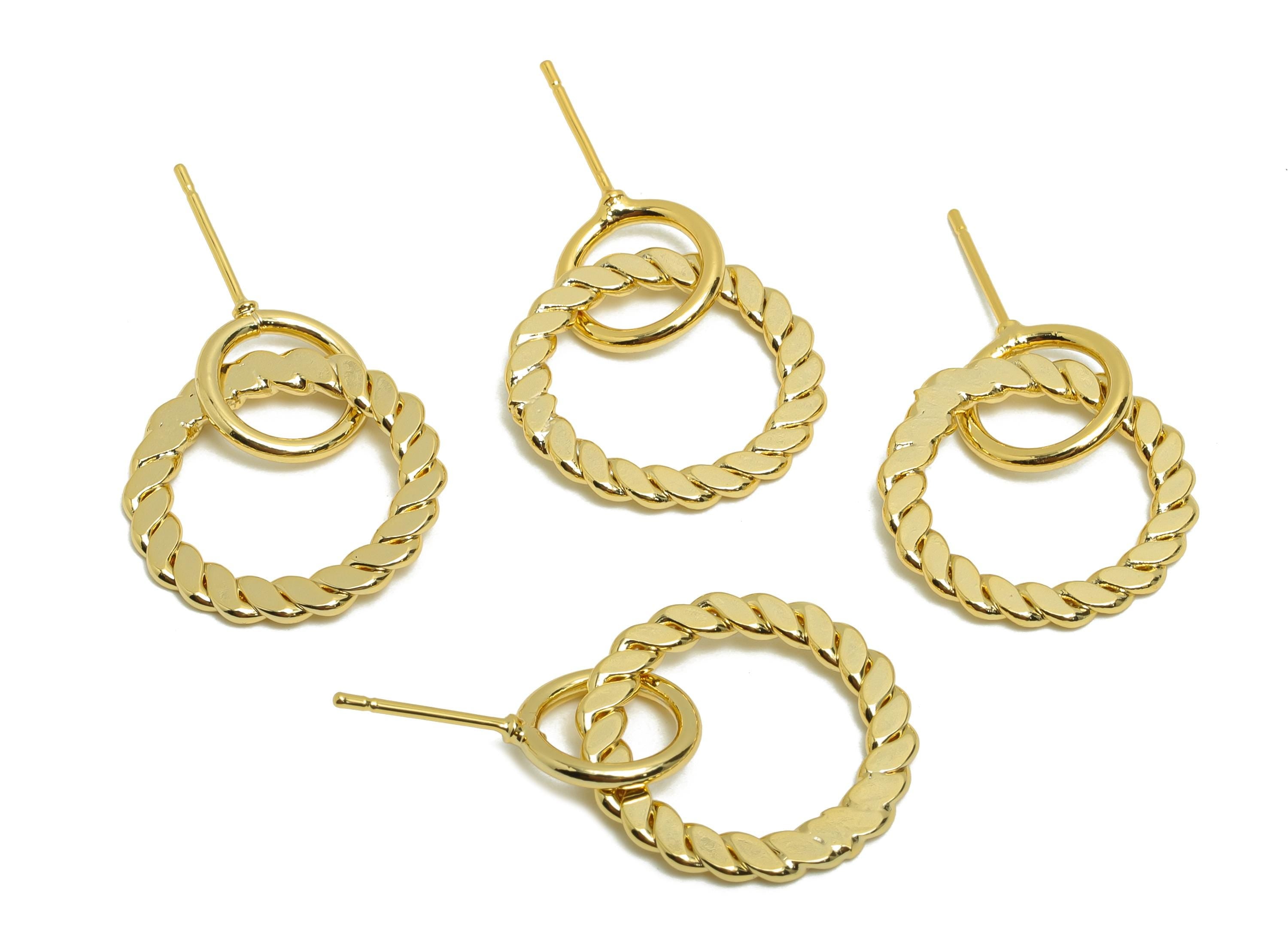 Brass Circle Earring Stud - Twisted Round Earring Post for Woman&#39;s - Gold Daily Wear Ear - 18K Real Gold Plating -25.73x19.49x1.55mm-RGP8694 - DOMEDBAZAAR
