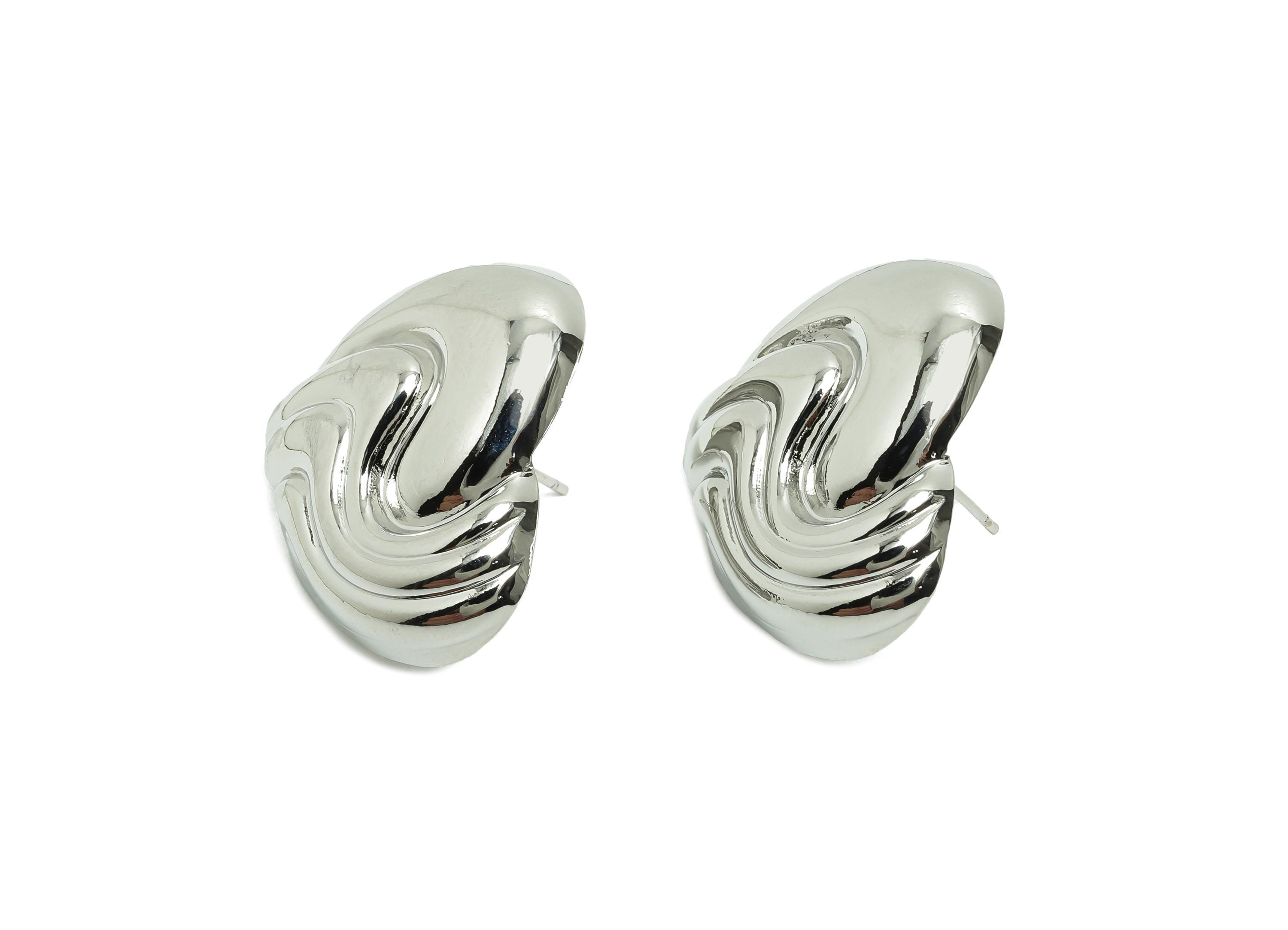 Wavy Heart Stud Earring - Brass Sculpted Heart Textured Earring Stud - Elegant Heart Stud - 18K Real White Gold Plated - 27x24x5mm -RGP10026 - DOMEDBAZAAR