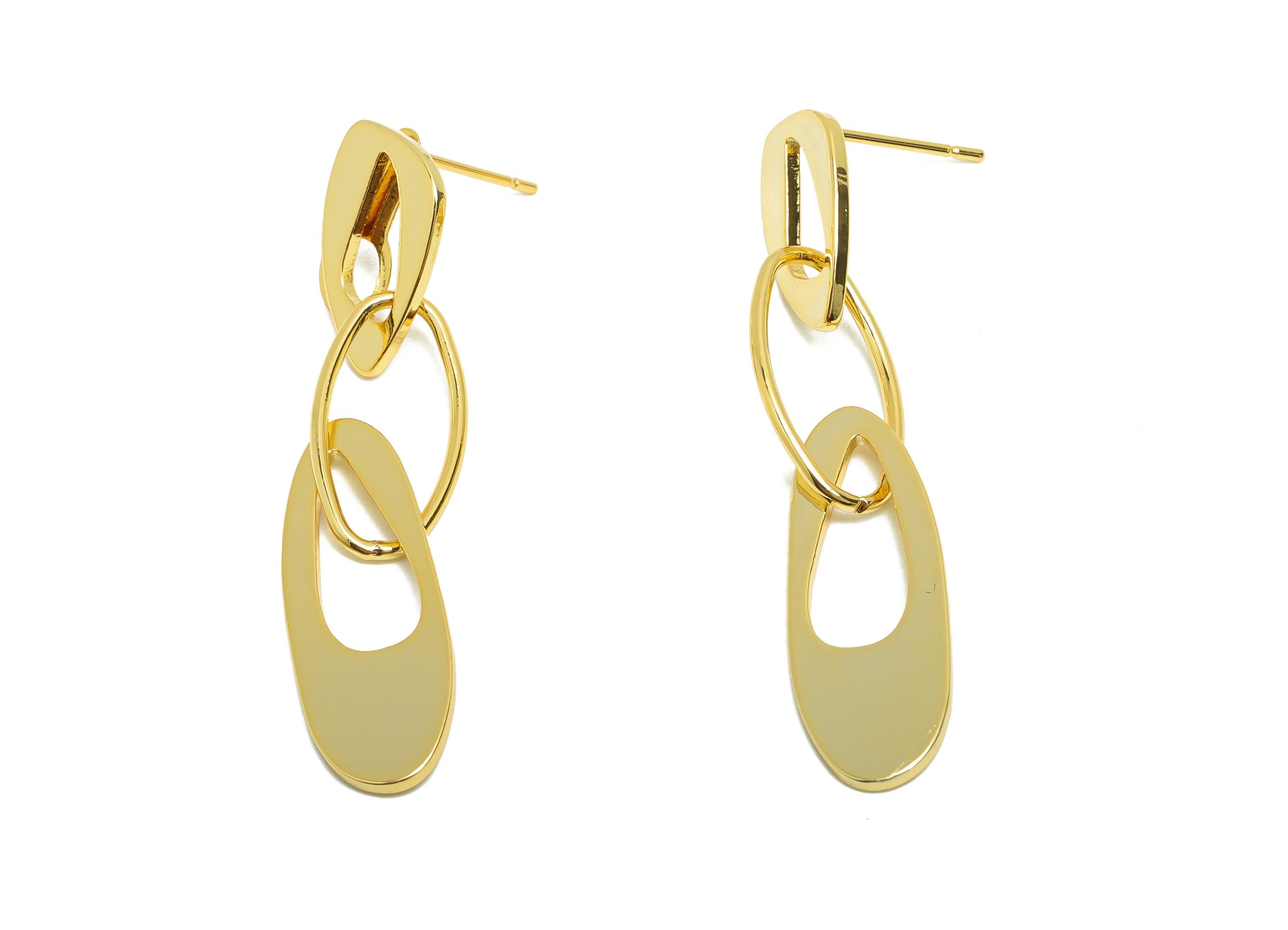 Brass Irregular Oval Earring - Oval Dangle Earring Post for Woman&#39;s - Gold Earring Stud - 18K Real Gold Plating -48.52x8.89x0.99mm -RGP8707 - DOMEDBAZAAR