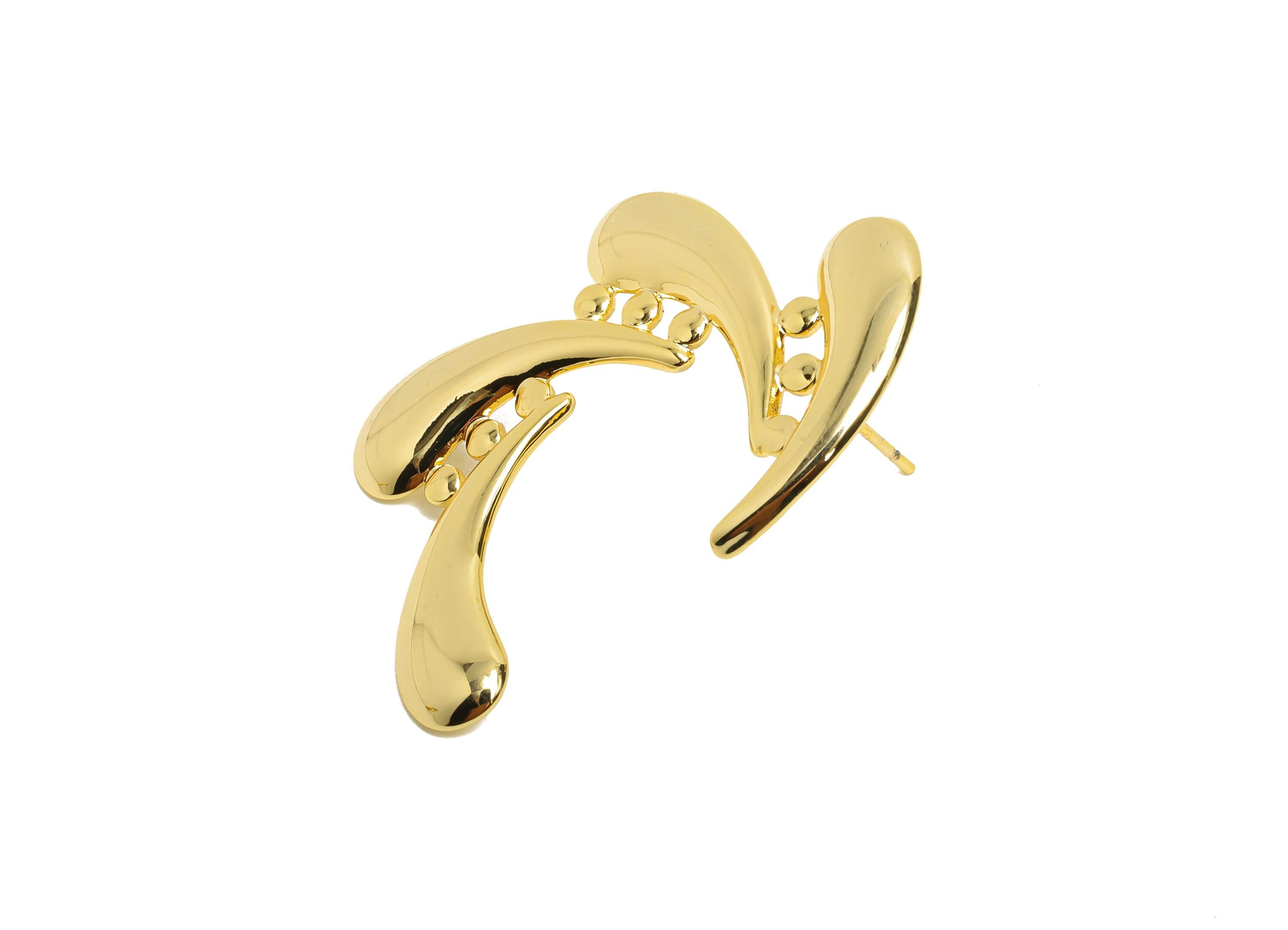 Abstract Swirl Earring Stud - Brass Bold Artistic Gold Earring Post - Fluid Curved Motif - 18k Real Gold Plated - 37x25x2mm - RGP10025 - DOMEDBAZAAR