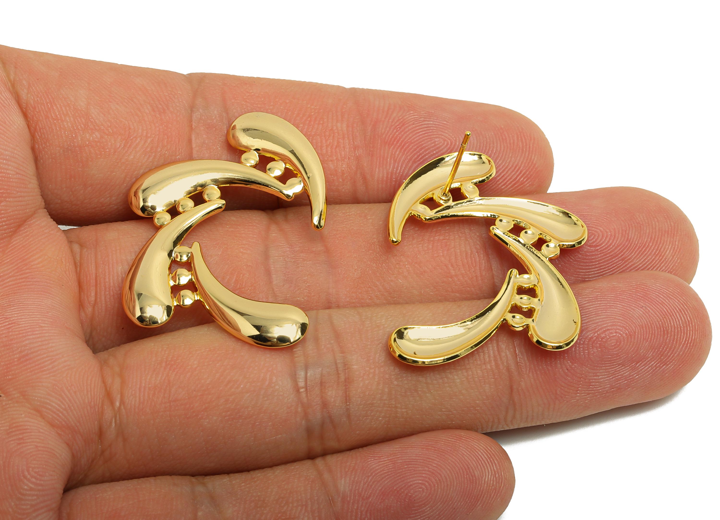 Abstract Swirl Earring Stud - Brass Bold Artistic Gold Earring Post - Fluid Curved Motif - 18k Real Gold Plated - 37x25x2mm - RGP10025 - DOMEDBAZAAR