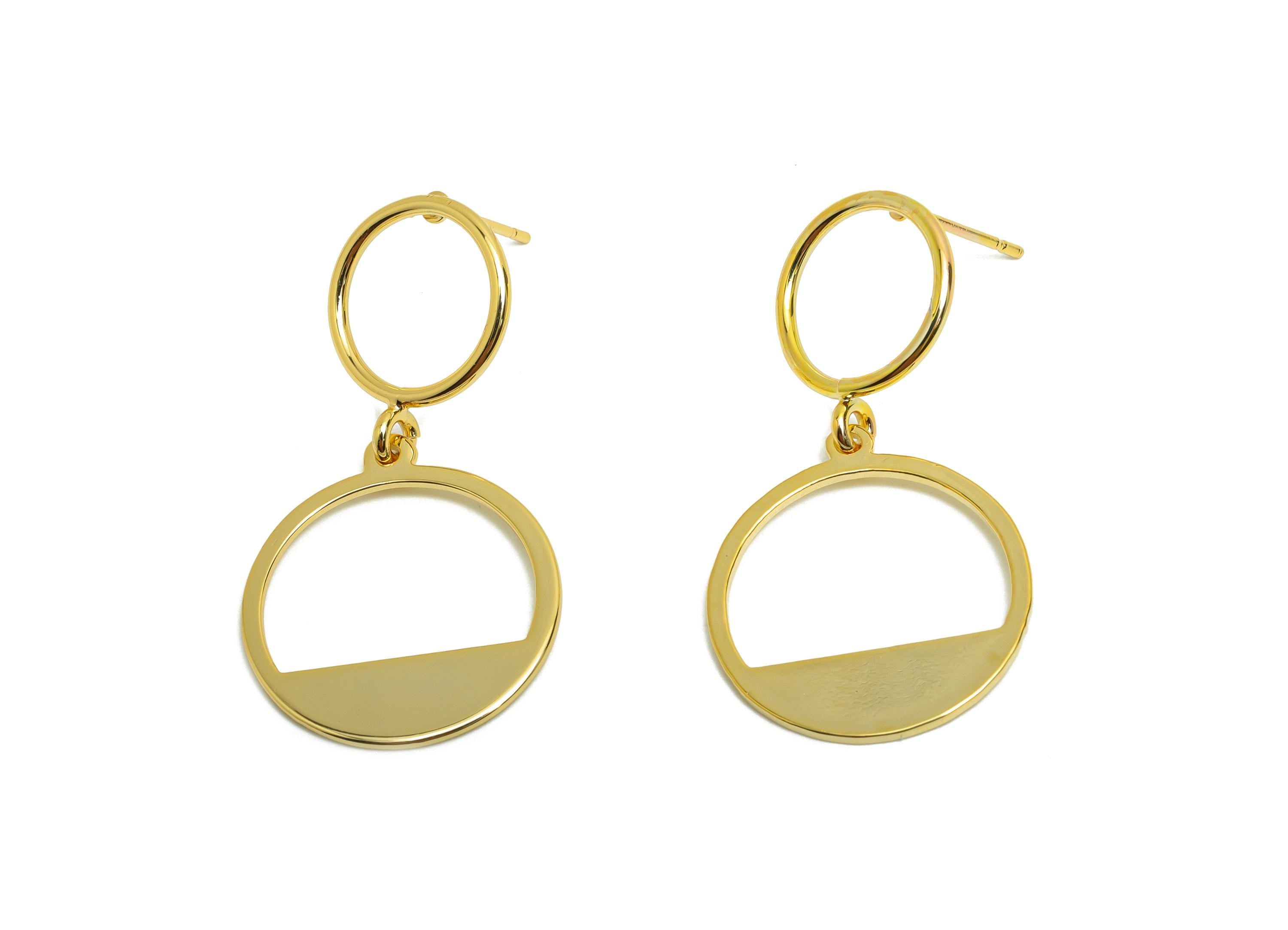 Brass Circle Earring Stud - Double Round Earring Post for Woman&#39;s - Gold Daily Wear Ear - 18K Real Gold Plating - 37.58x19.93x1.2mm- RGP8710 - DOMEDBAZAAR
