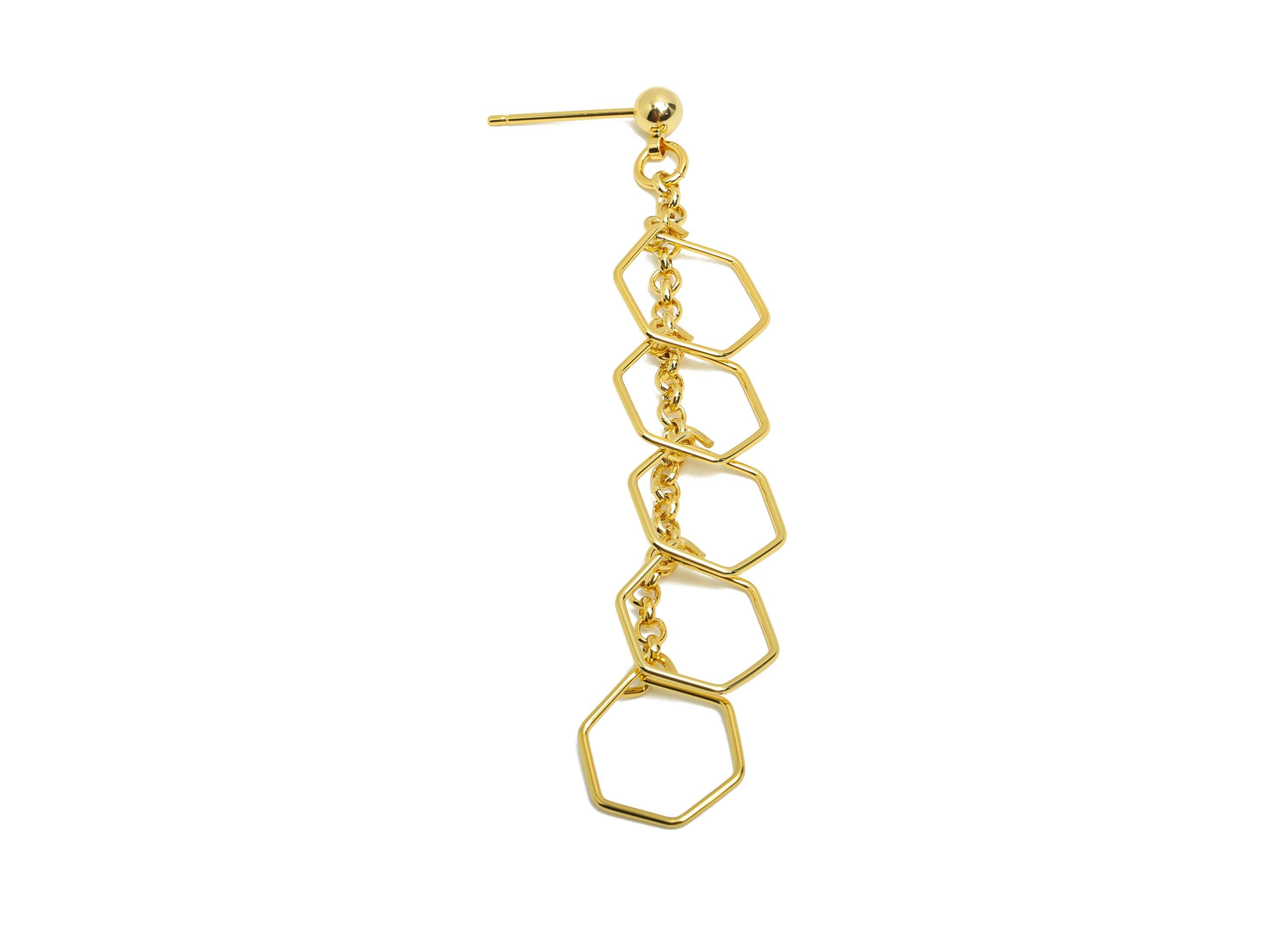 Brass Ball Earring Stud - Hexagon Tassel Chain Earring Post - Gold Woman&#39;s Daily Wear Ear - 18K Real Gold Plated- 66.45x11.76x0.83mm-RGP8711 - DOMEDBAZAAR