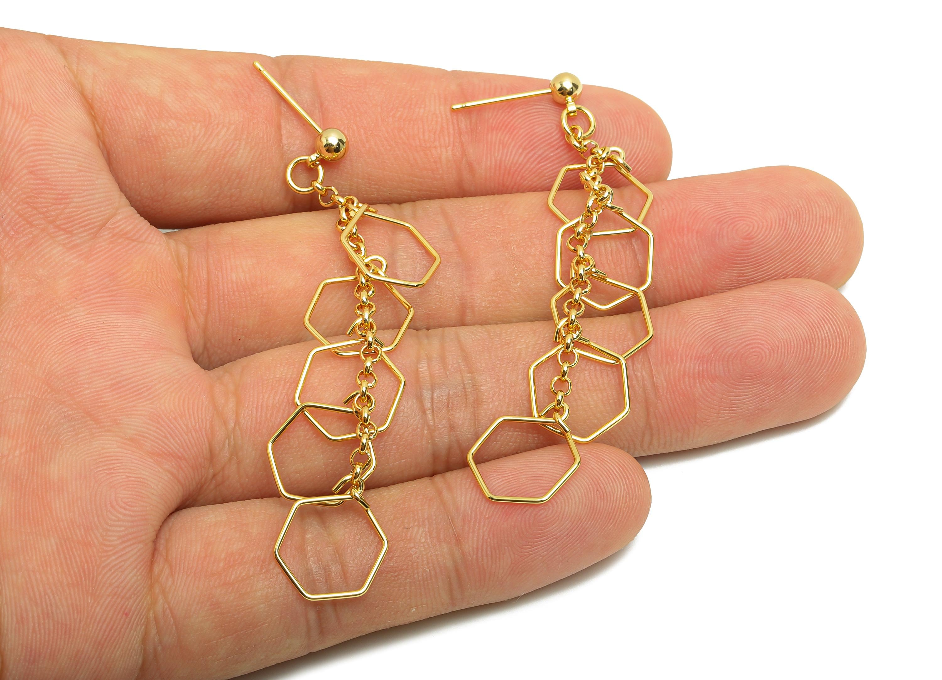 Brass Ball Earring Stud - Hexagon Tassel Chain Earring Post - Gold Woman&#39;s Daily Wear Ear - 18K Real Gold Plated- 66.45x11.76x0.83mm-RGP8711 - DOMEDBAZAAR