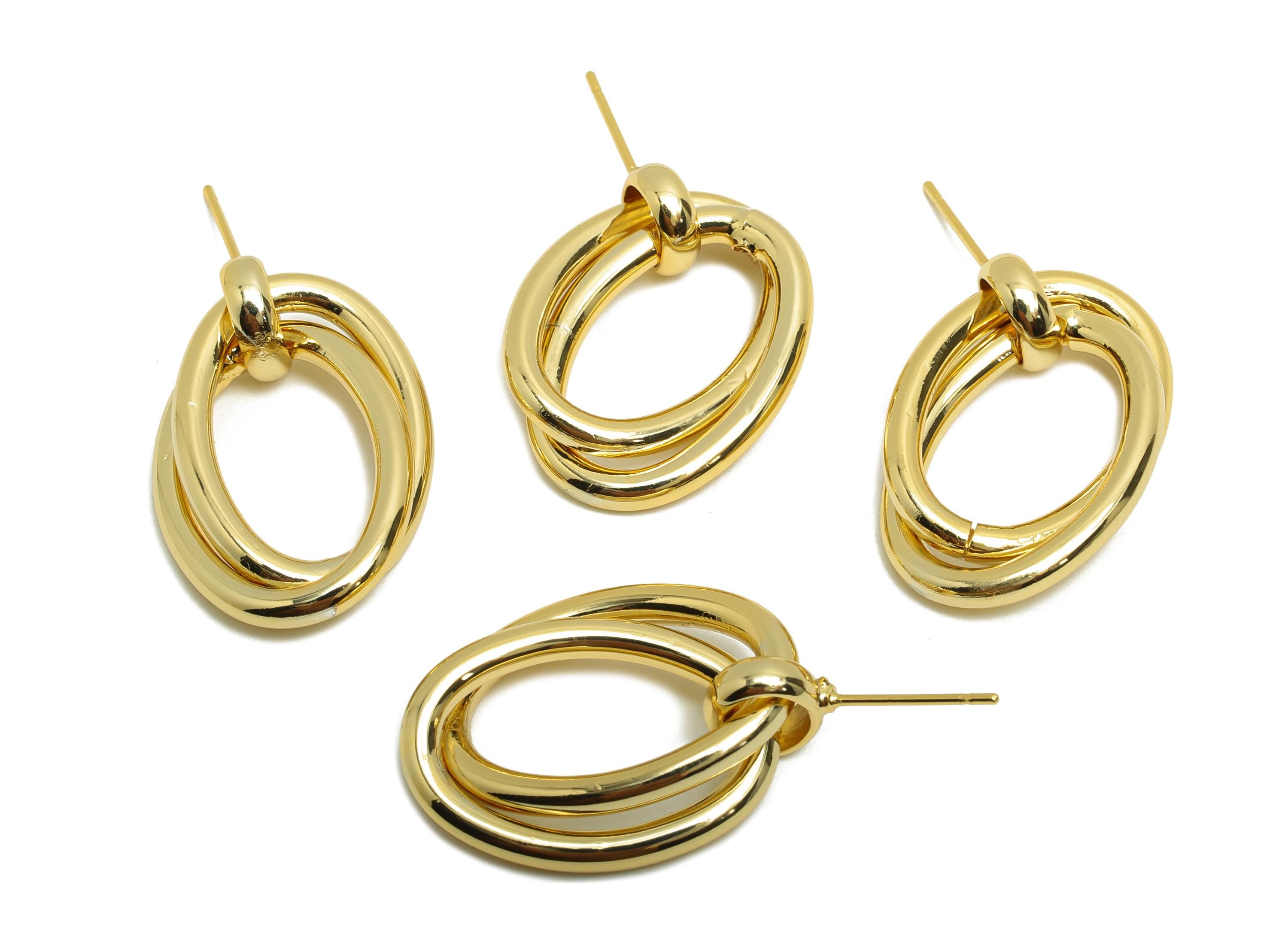 Brass Double Oval Earring - Intertwined Oval Ear Stud for Woman&#39;s - Gold Earring Post - 18K Real Gold Plating - 27.86x16.5x2.56mm - RGP8713 - DOMEDBAZAAR