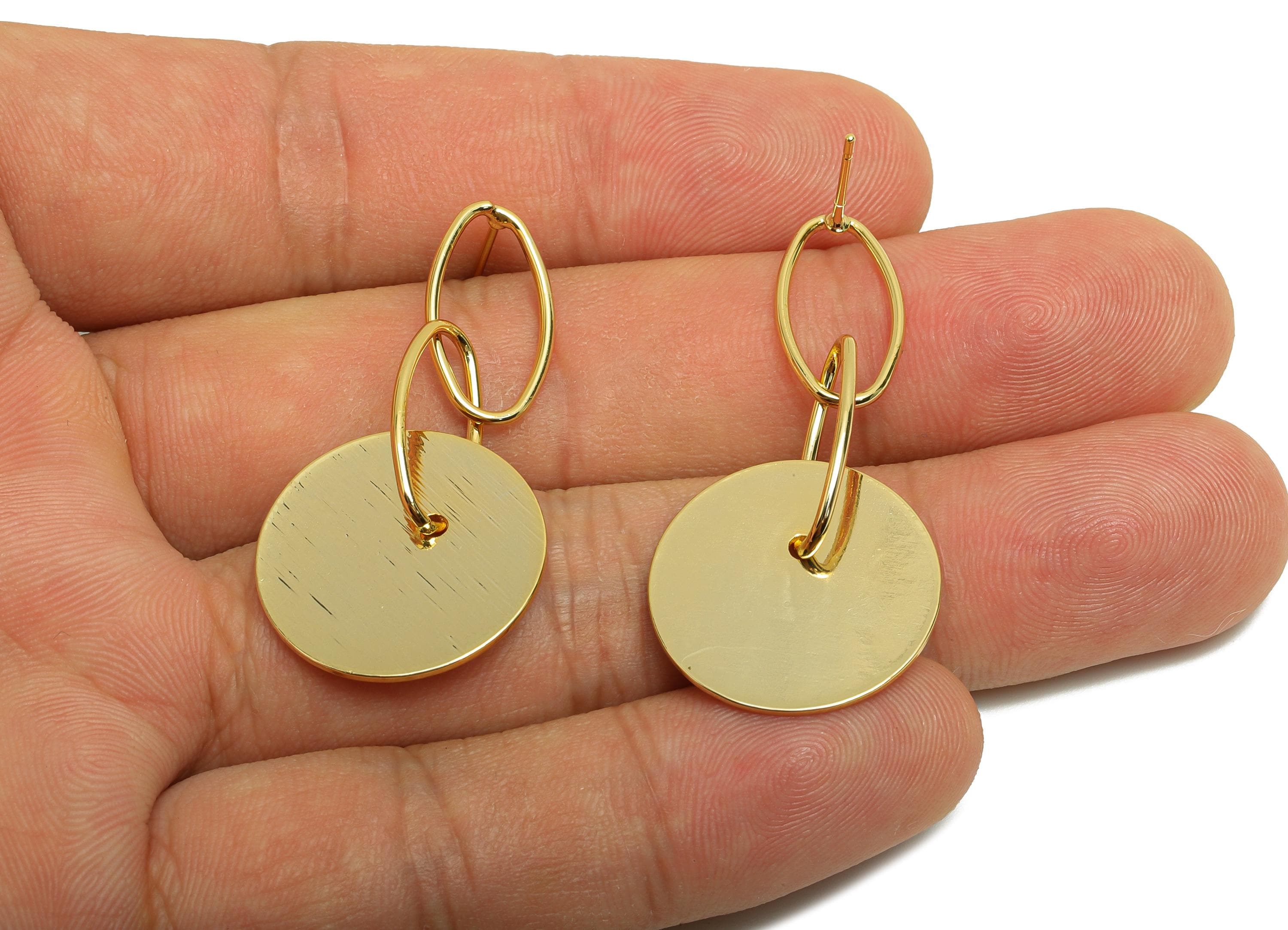 Brass Oval Dangle Earring - Round Dangle Earring Post for Woman&#39;s - Gold Earring Stud - 18K Real Gold Plating - 45.32x19.89x1.05mm RGP8718 - DOMEDBAZAAR