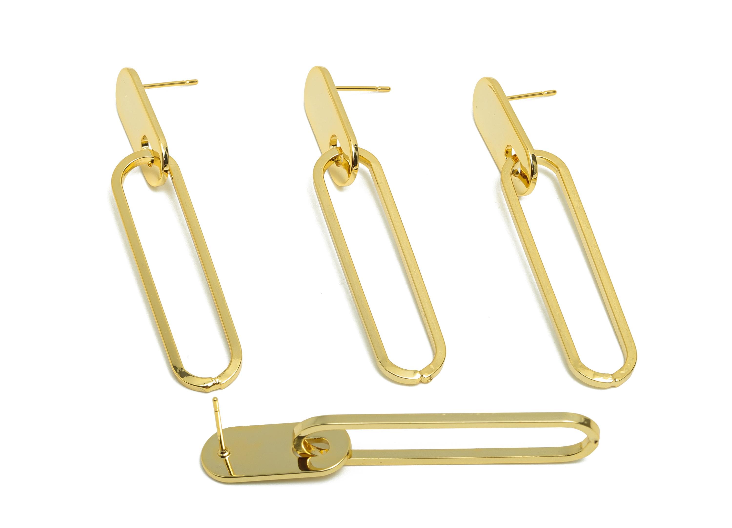 Brass Rectangle Earring Stud - Oval Earring for Woman&#39;s - Gold Long Dangle Earring Post - 18K Real Gold Plating - 54.49x9.7x1.2mm - RGP8720 - DOMEDBAZAAR