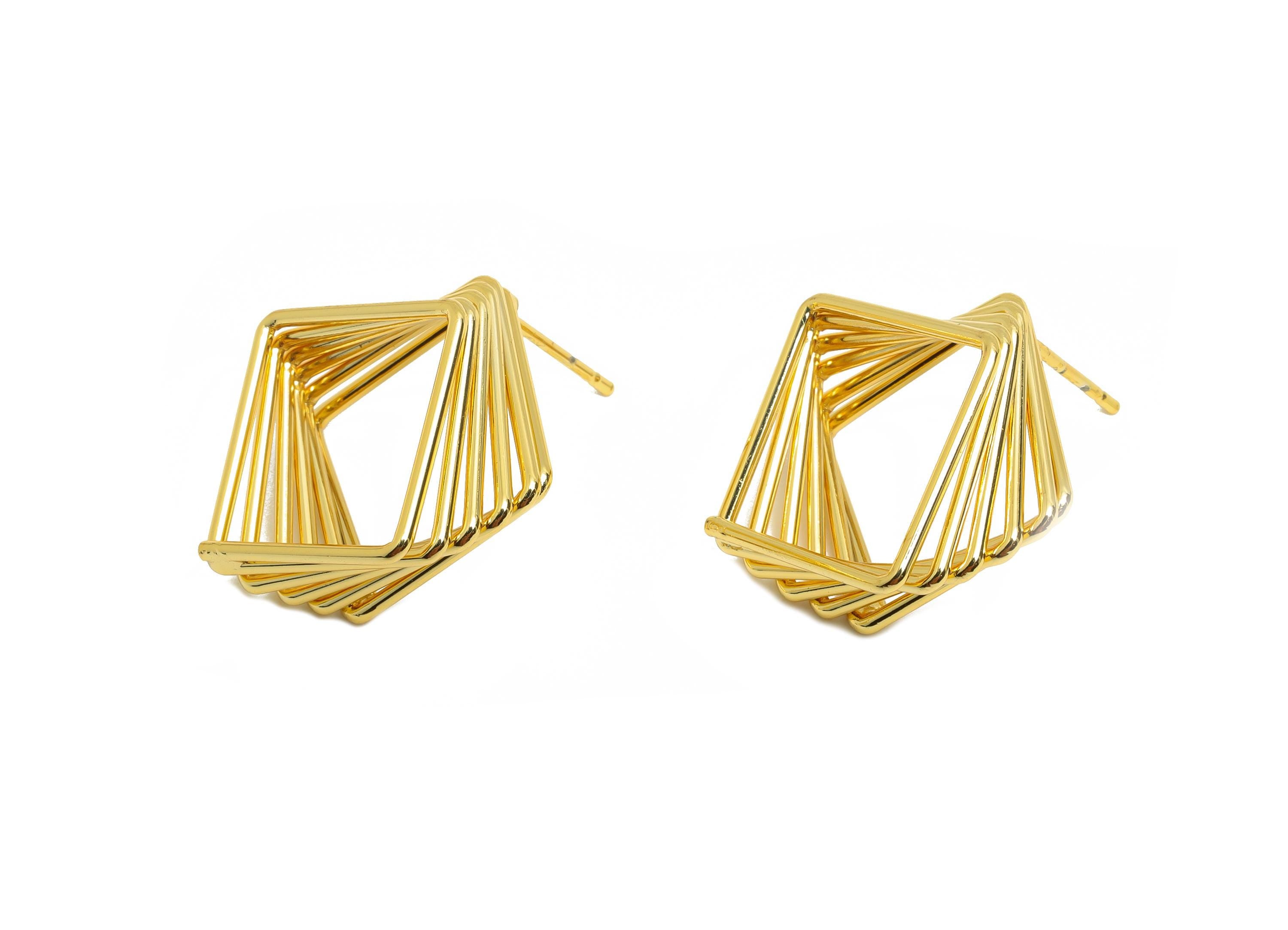 Brass Layered Earring Stud - Gold Square Earring Post for Women - Geometric Daily Wear Ear - 18K Real Gold Plated-15.93x15.93x1.36mm-RGP8975 - DOMEDBAZAAR