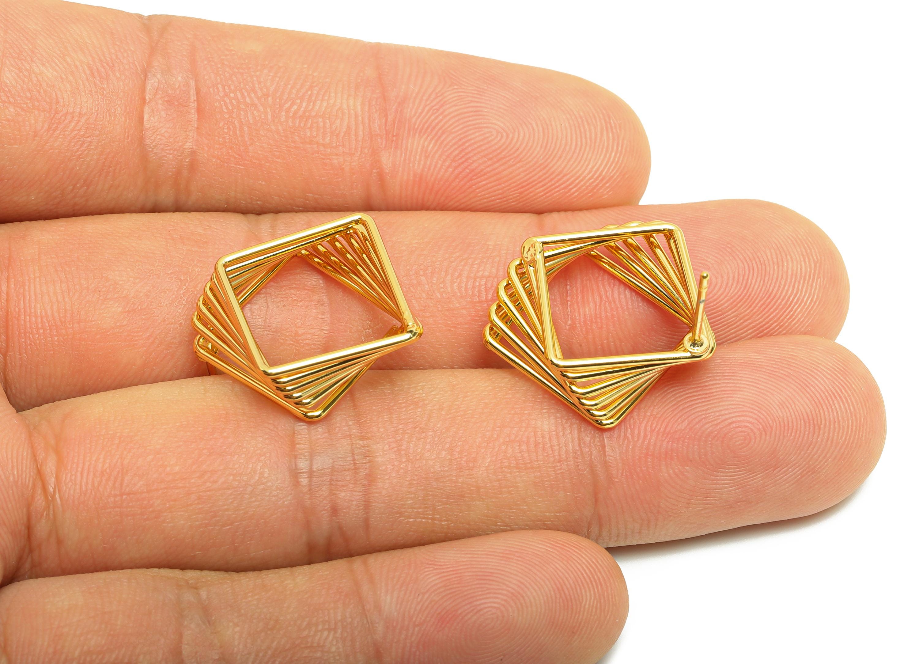 Brass Layered Earring Stud - Gold Square Earring Post for Women - Geometric Daily Wear Ear - 18K Real Gold Plated-15.93x15.93x1.36mm-RGP8975 - DOMEDBAZAAR