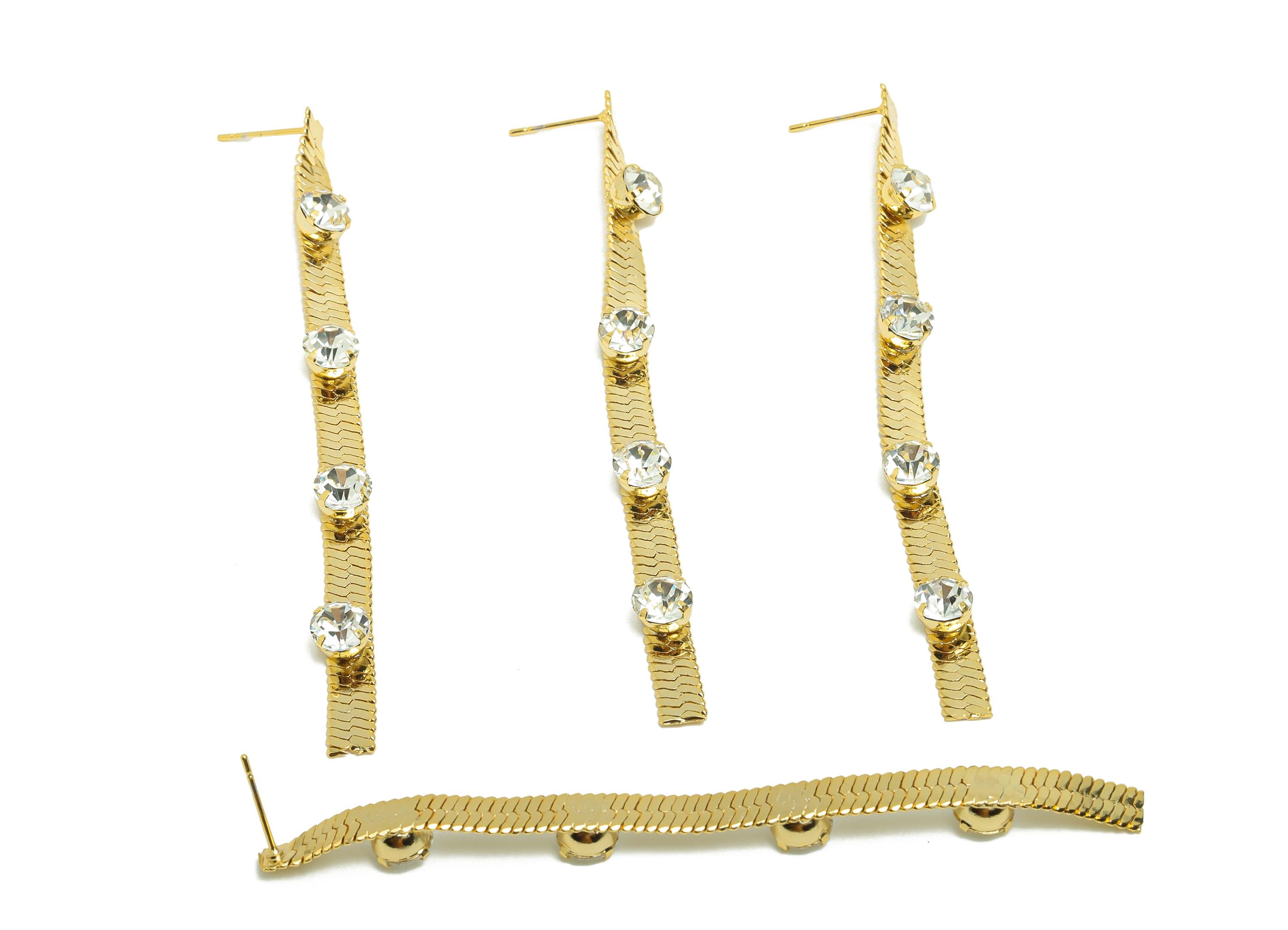Brass Snake Chain Earring - Round Zircon Earring Post - Gold Woman&#39;s Daily Wear Ear Stud - 18K Real Gold Plated- 85.22x5.04x0.74mm - RGP8724 - DOMEDBAZAAR